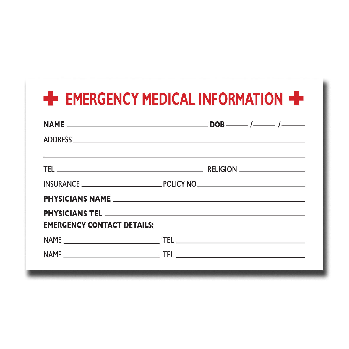 Emergency Medical Info Card | ICE | Pad of 25 cards | 85mm x 55mm