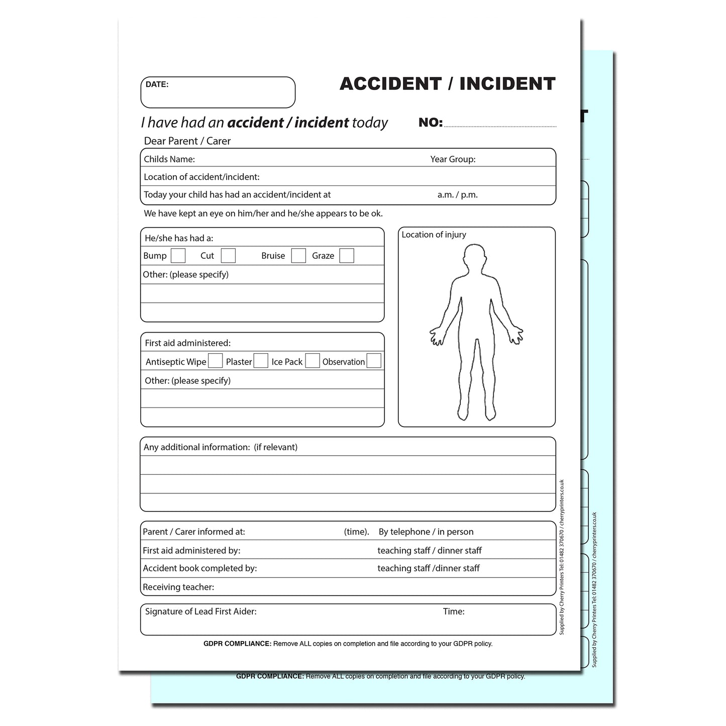 NCR School Accident /Incident Report Book A4 Duplicate GDPR