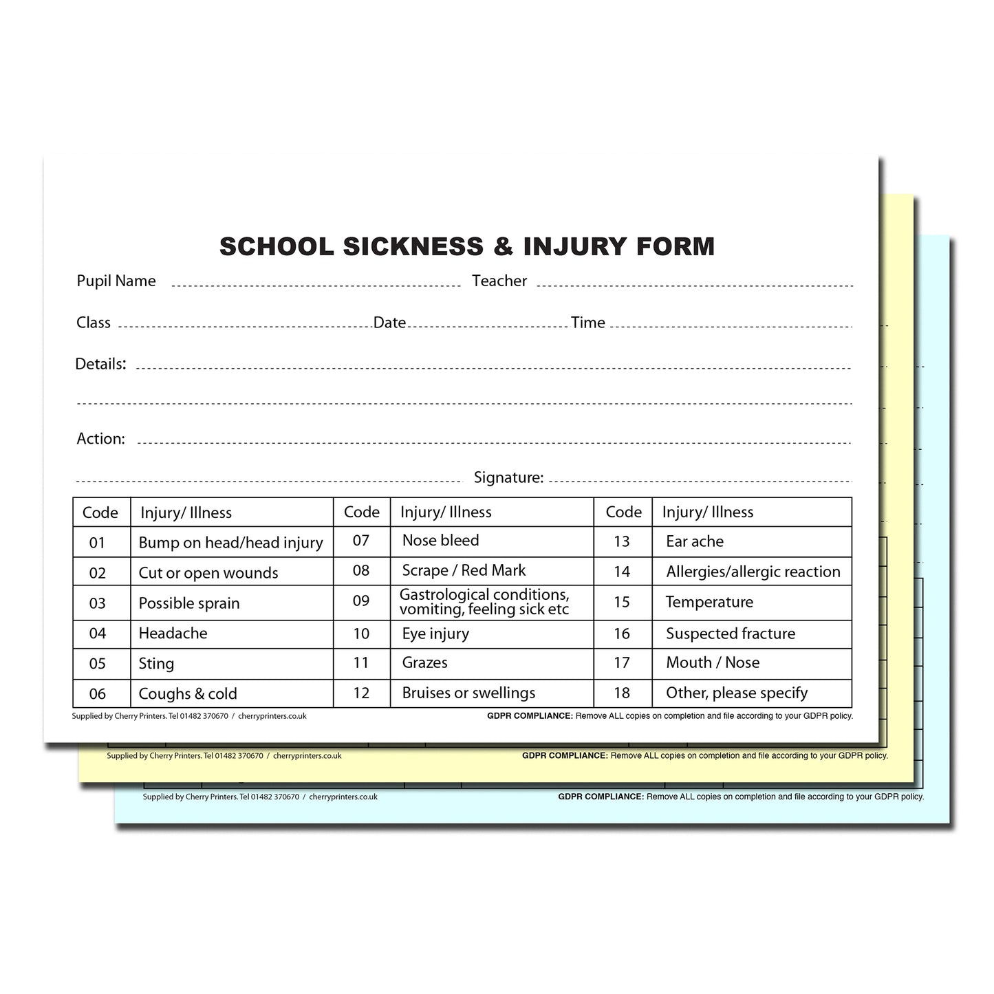 NCR School Sickness & Injury Triplicate Book A5 50 sets GDPR