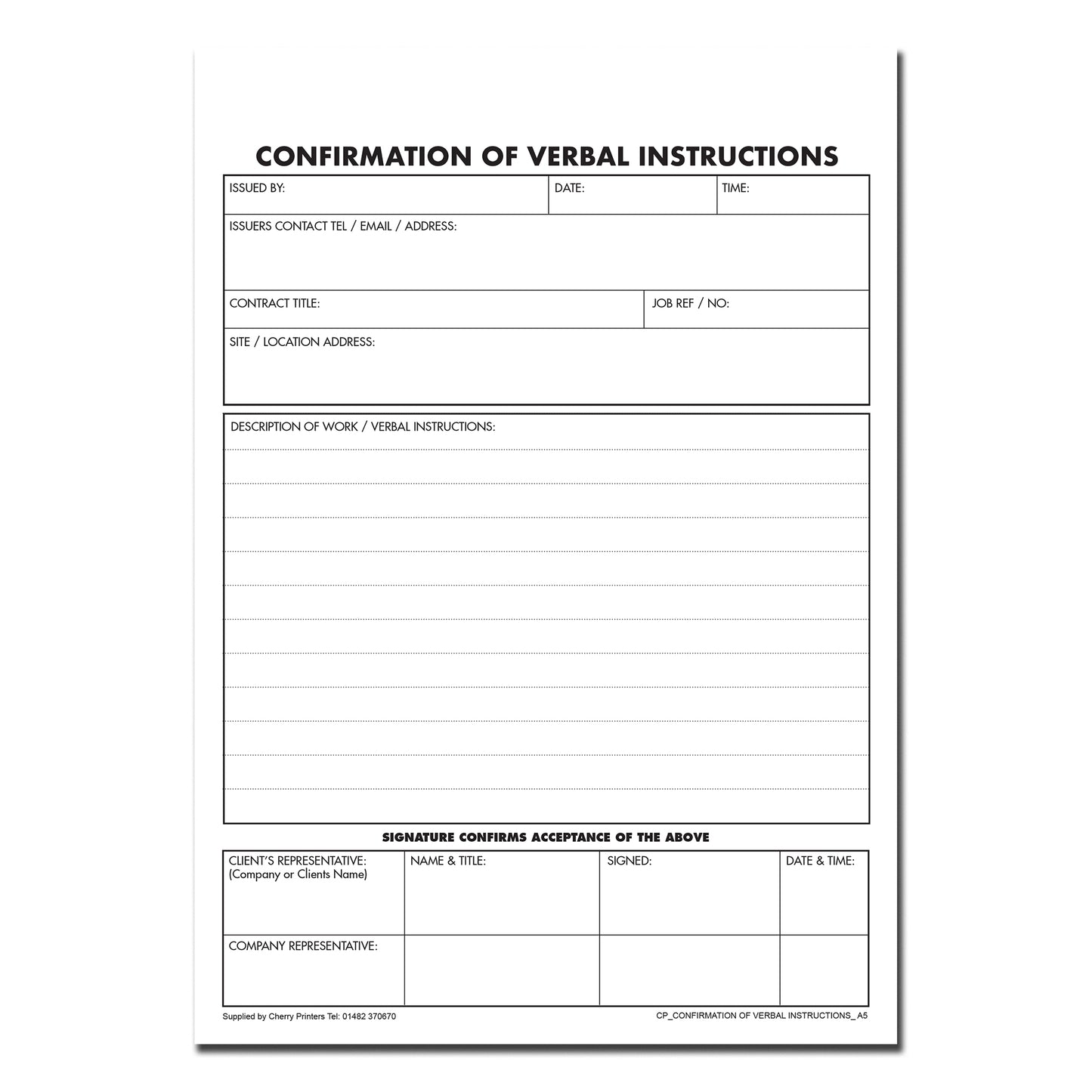 NCR Confirmation of Verbal Instruction Book A5 Triplicate