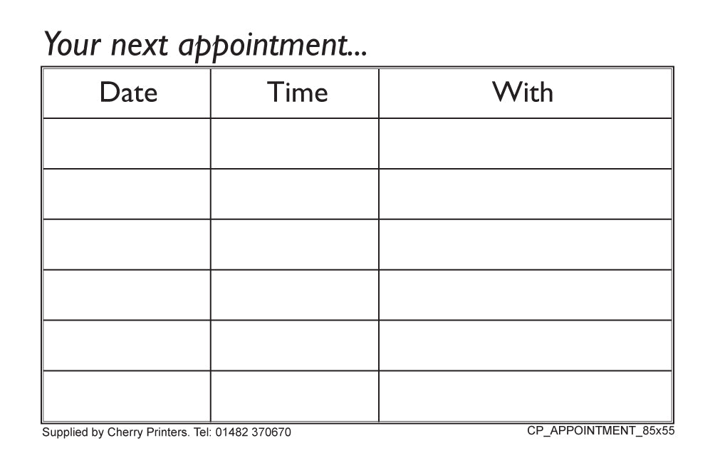 Appointment Cards x150 350gsm - 85mmx55mm in Box