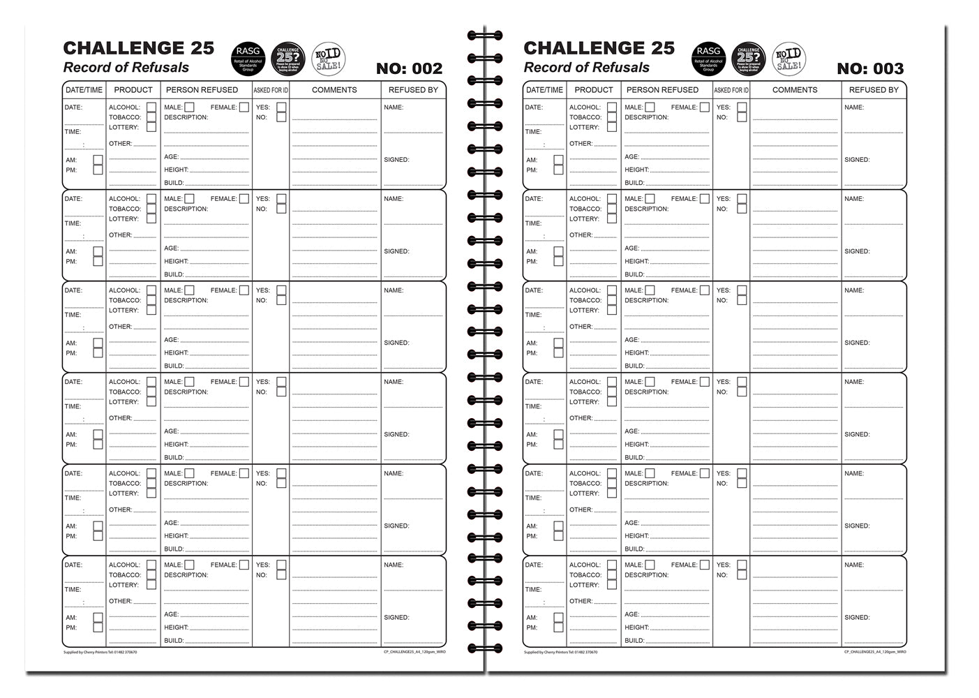 Challenge 25 Refusal Log 120gsm A4 50 Pages Wirobound