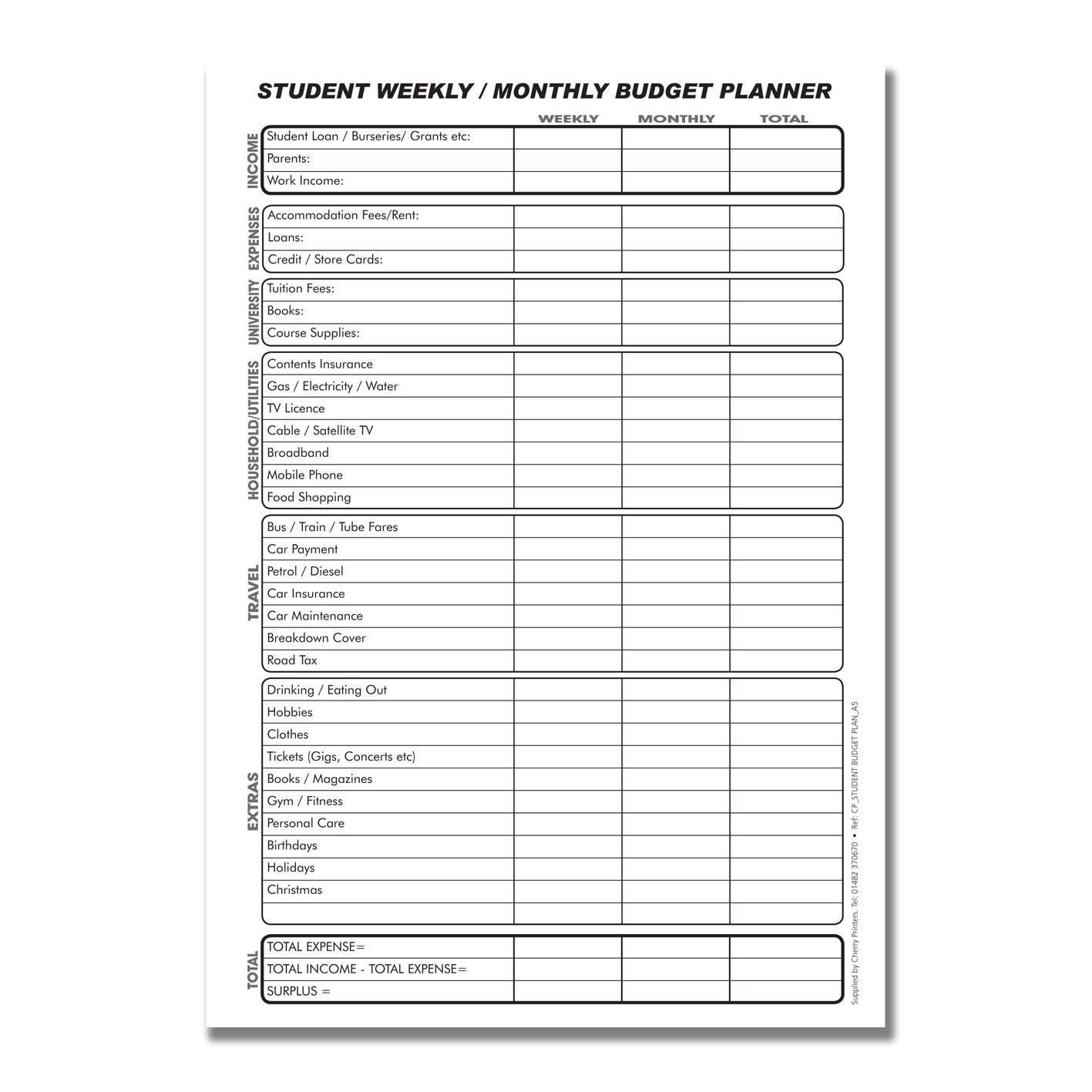 Student Weekly/Monthly Budget Planner A5 100pages 80gsm