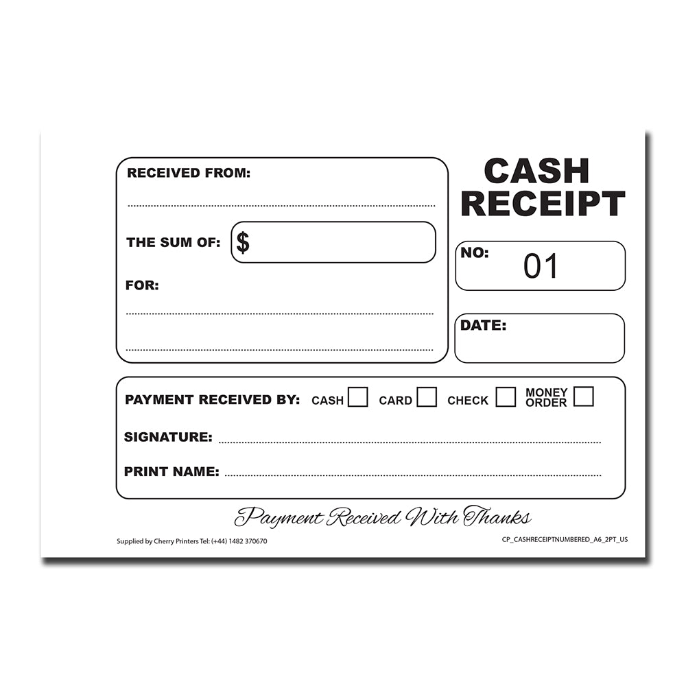 Cash Receipt Numbered 01-50 | Duplicate Book | 2 part | Carbonless | 50 Sets Per Book | A6 - 5.8" x 4.1" | BOX OF 80 BOOKS