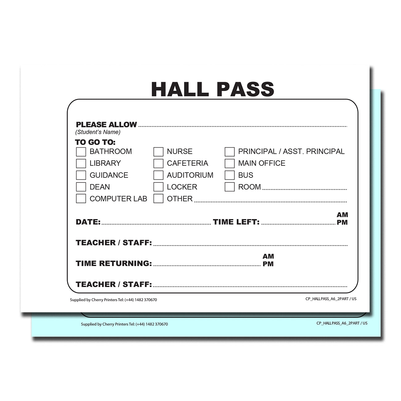 Hall Pass | Duplicate Book | 2 part | Carbonless | 50 Sets per Book | A6 - 5.8" x 4.1" | BOX OF 80 BOOKS