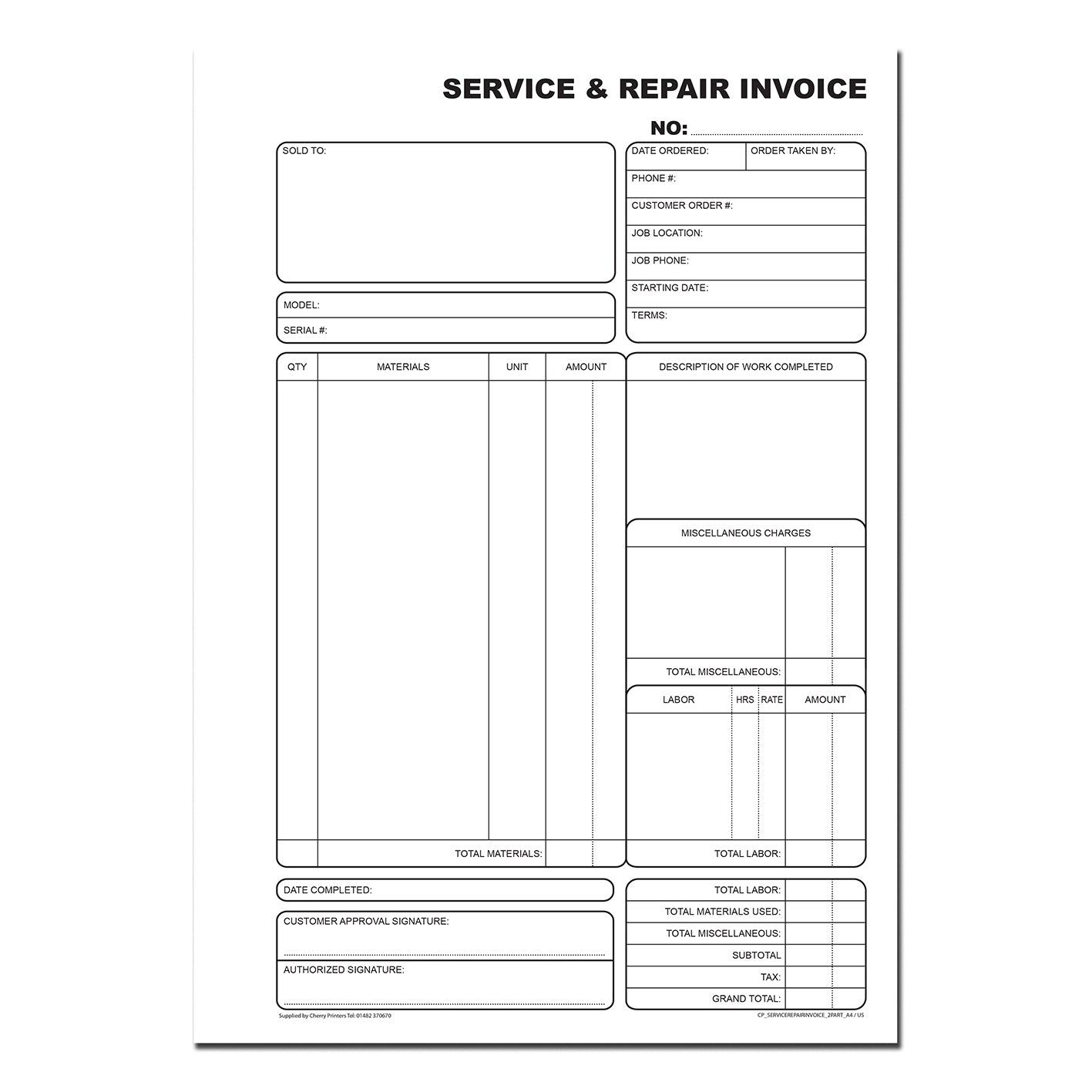 Service & Repair Invoice | Duplicate Book | 2 part | Carbonless | 50 Sets Per Book | A4 - 8.27" x 11.69" | BOX OF 20 BOOKS