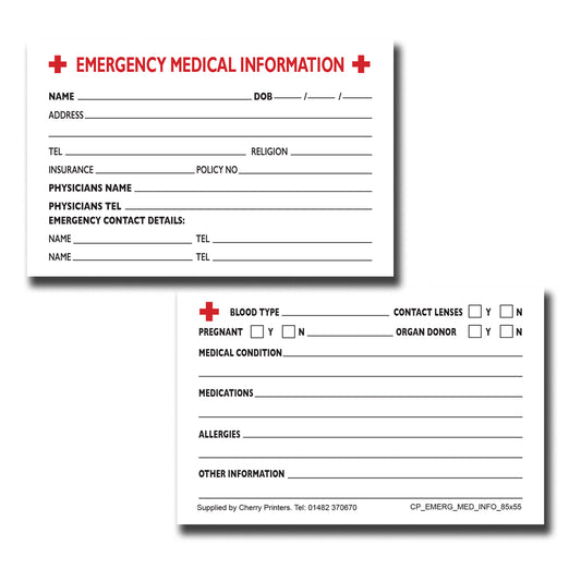 Emergency Medical Info Card | ICE | Pad of 25 cards | 85mm x 55mm