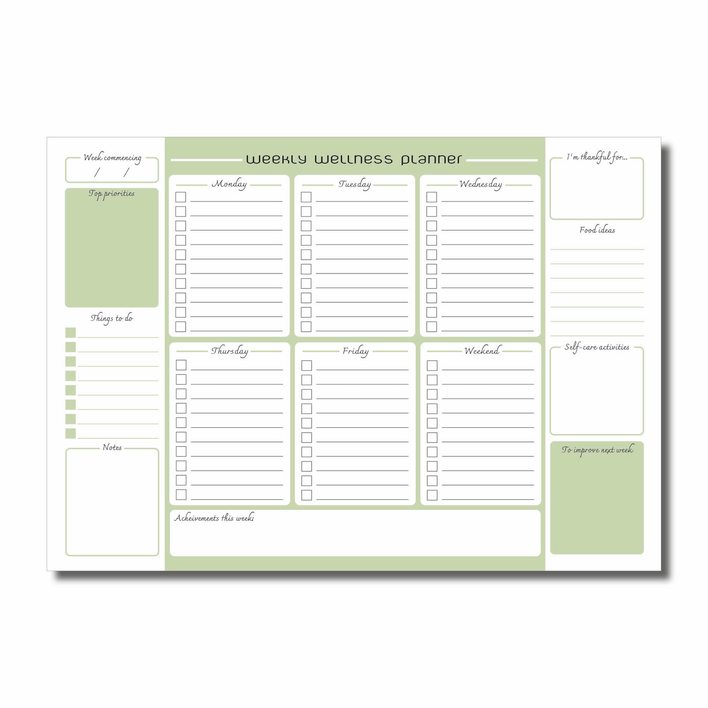 Weekly Wellness Planner | A4 Glued Pad | 52 Undated Sheets for Year-Round Wellness Tracking