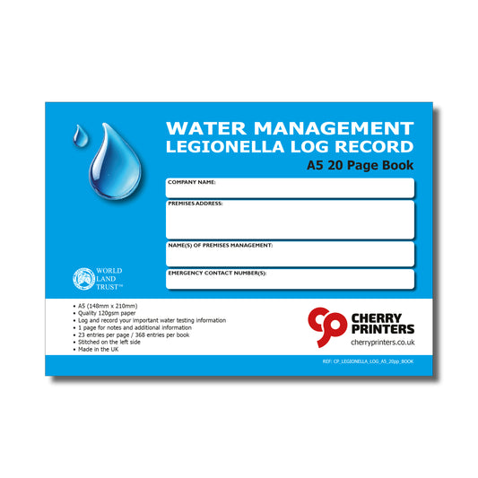 Water Management Legionella Log Book A5 | 20 Pages | 368 Water Testing Entries | ACoP L8 Compliant | 120gsm Paper