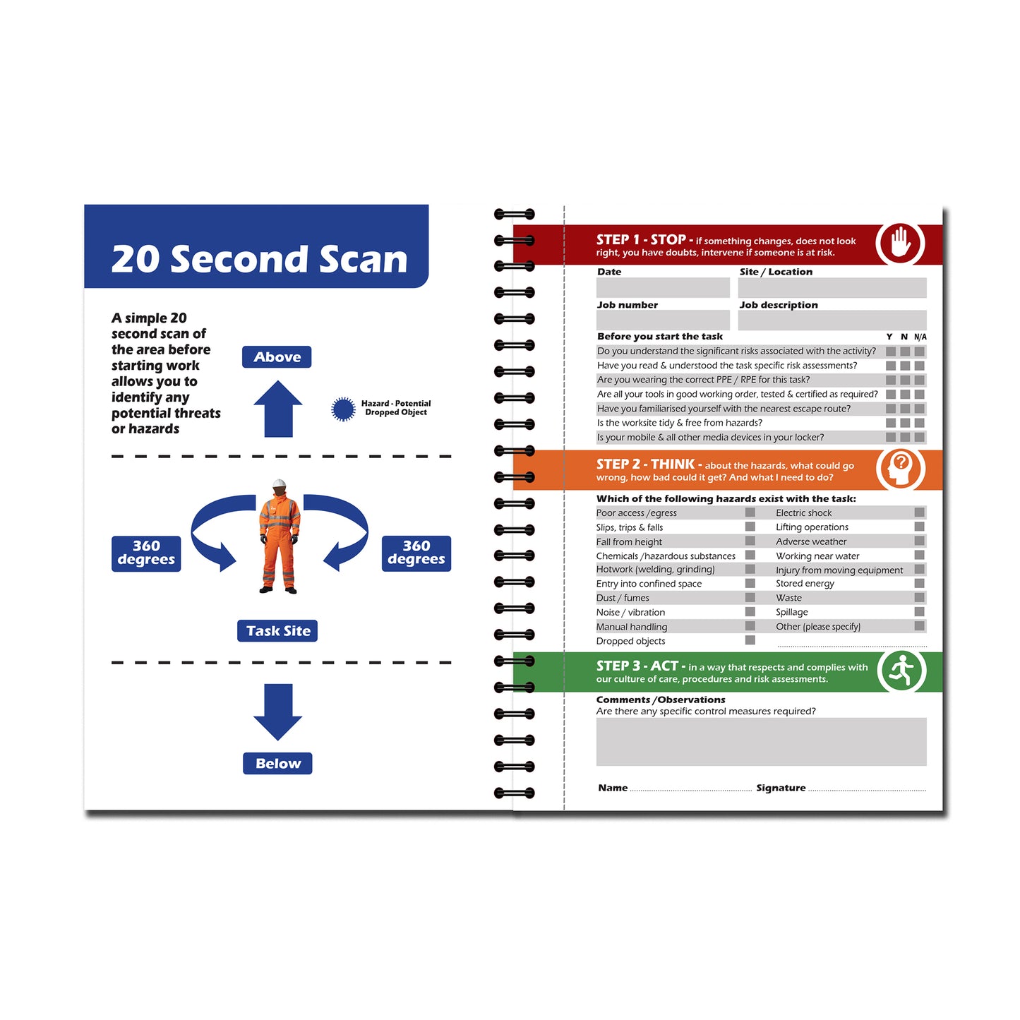CUSTOM Point of Work Risk Assessment Book | POWRA | A6 105mm x 148mm | 50 perforated pages | Wirobound 8 BOOKS