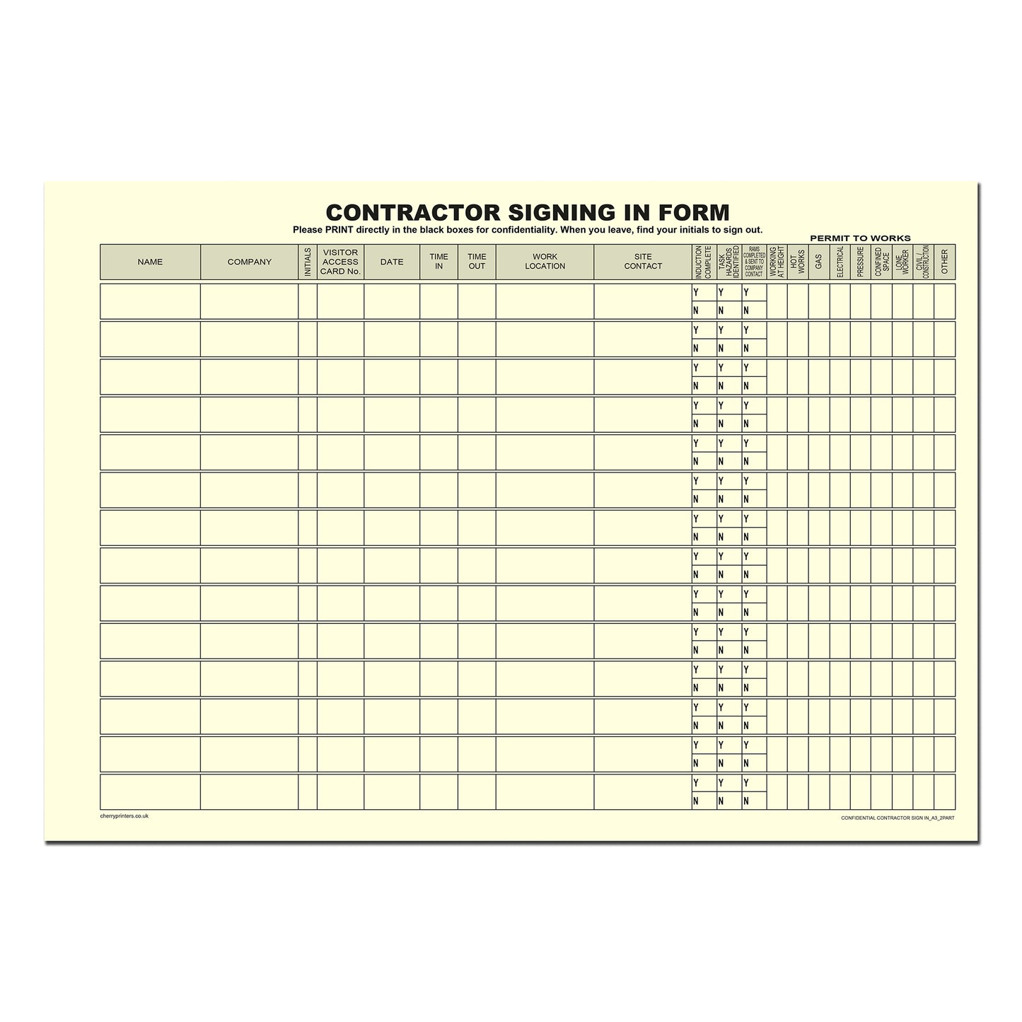 NCR Confidential Contractors Sign in Duplicate Wiro Book A3 50 sets GDPR