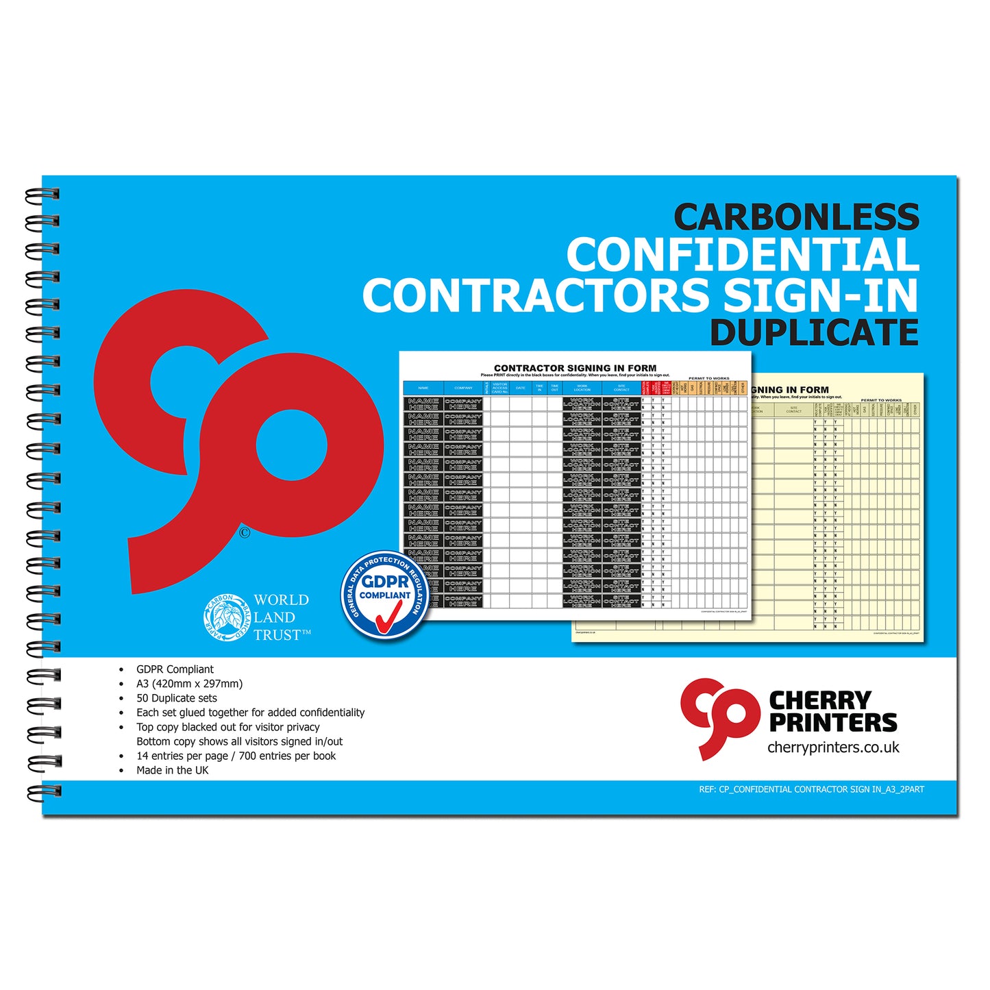 NCR Confidential Contractors Sign in Duplicate Wiro Book A3 50 sets GDPR