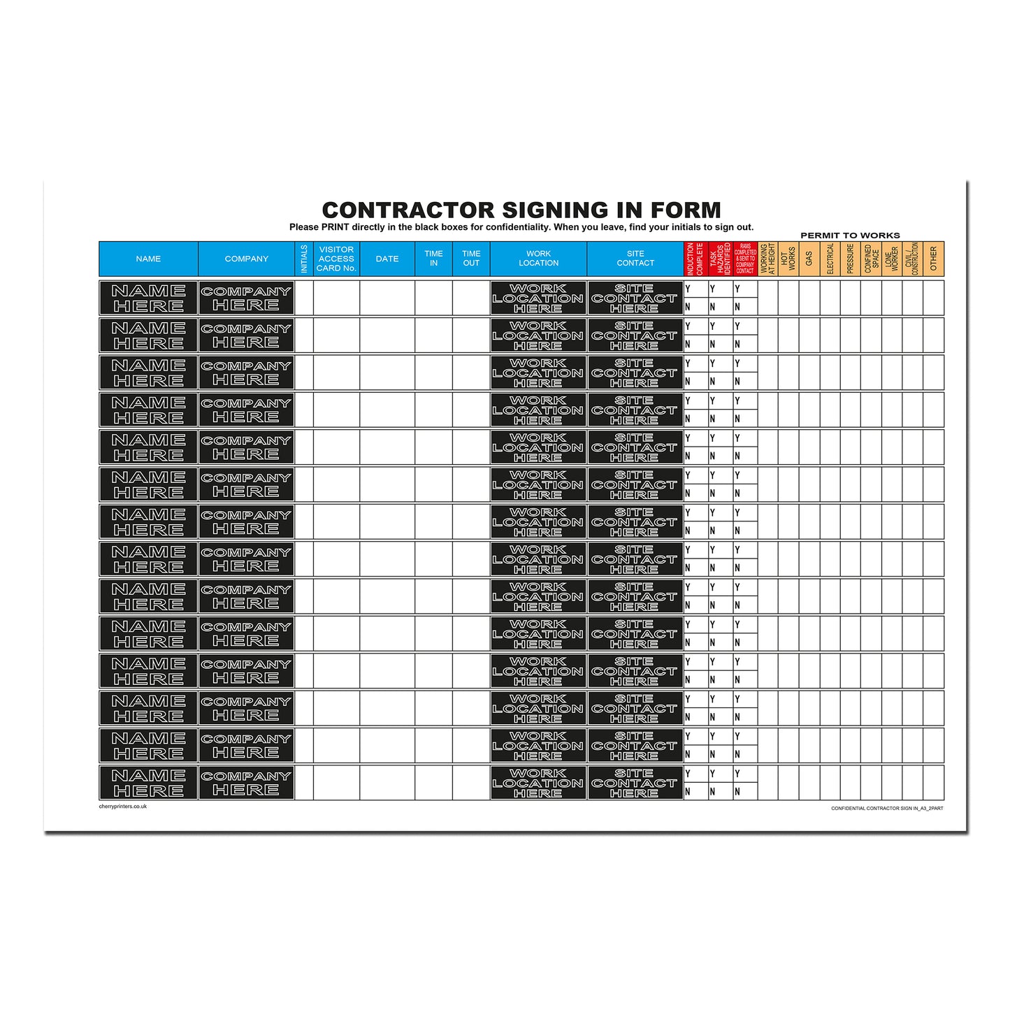 NCR Confidential Contractors Sign in Duplicate Wiro Book A3 50 sets GDPR