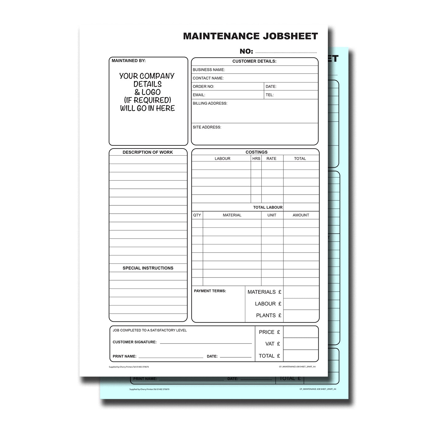 NCR *CUSTOM* Maintenance Jobsheet Duplicate Book A4 | 2 Book Pack