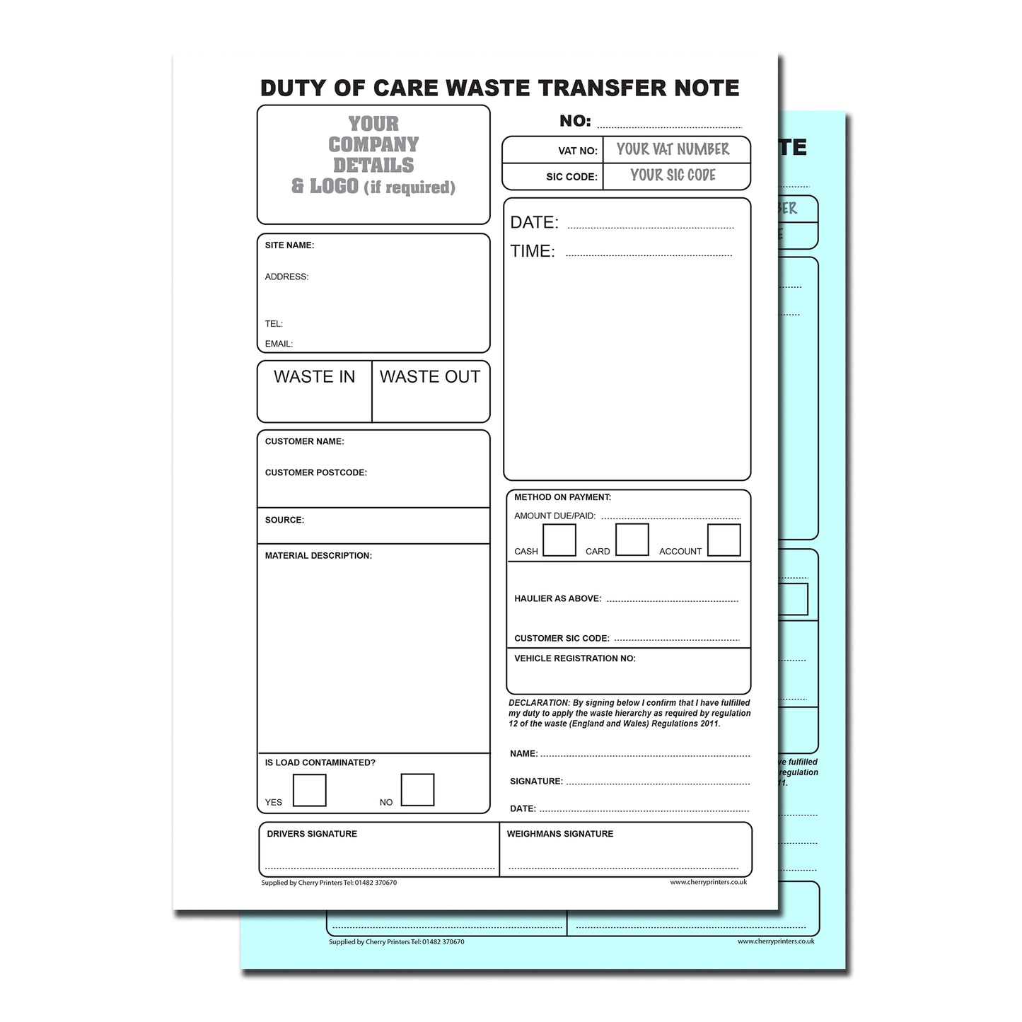 NCR *CUSTOM* Duty of Care Waste Transfer Note Duplicate Book A5 | 4 Book Pack