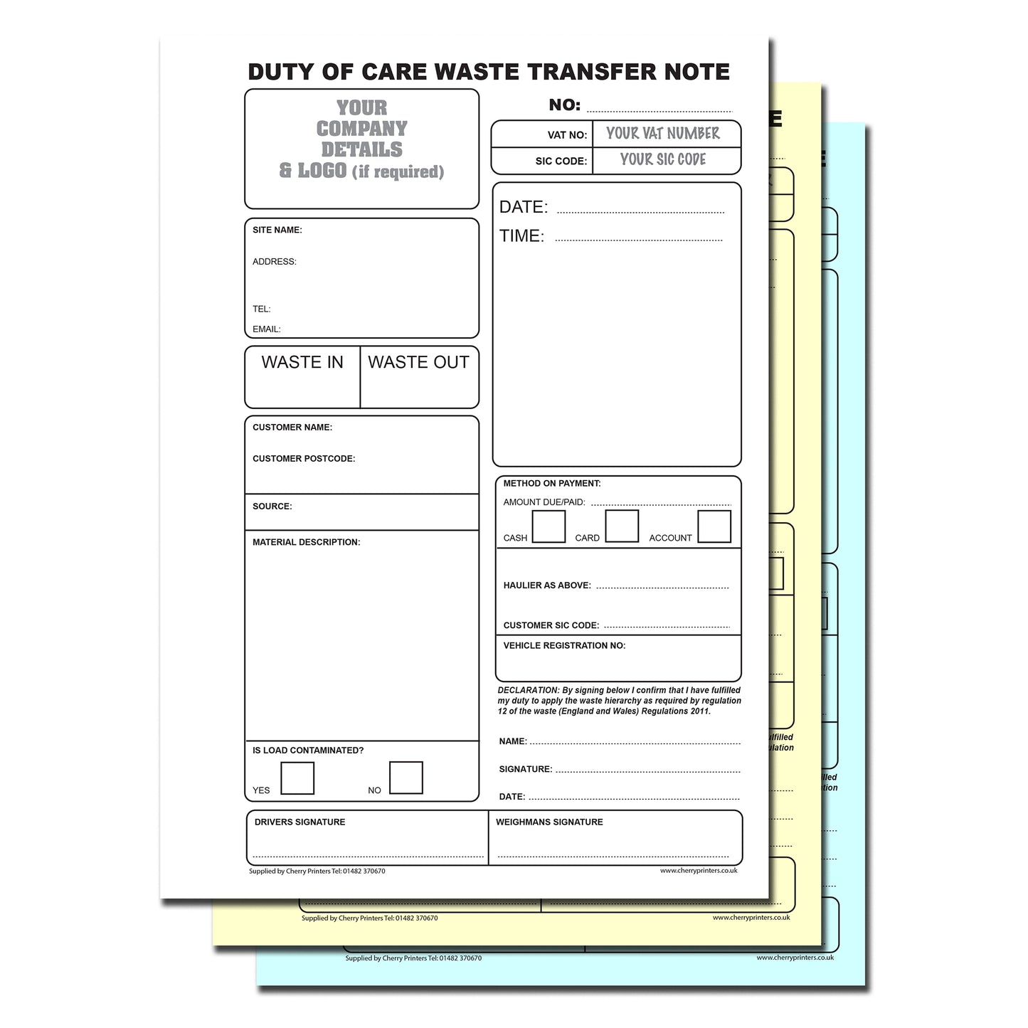 NCR *CUSTOM* Duty of Care Waste Transfer Note Triplicate Book A5 4 Book Pack