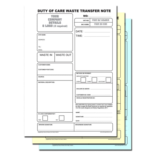 NCR *CUSTOM* Duty of Care Waste Transfer Note Triplicate Book A5 4 Book Pack