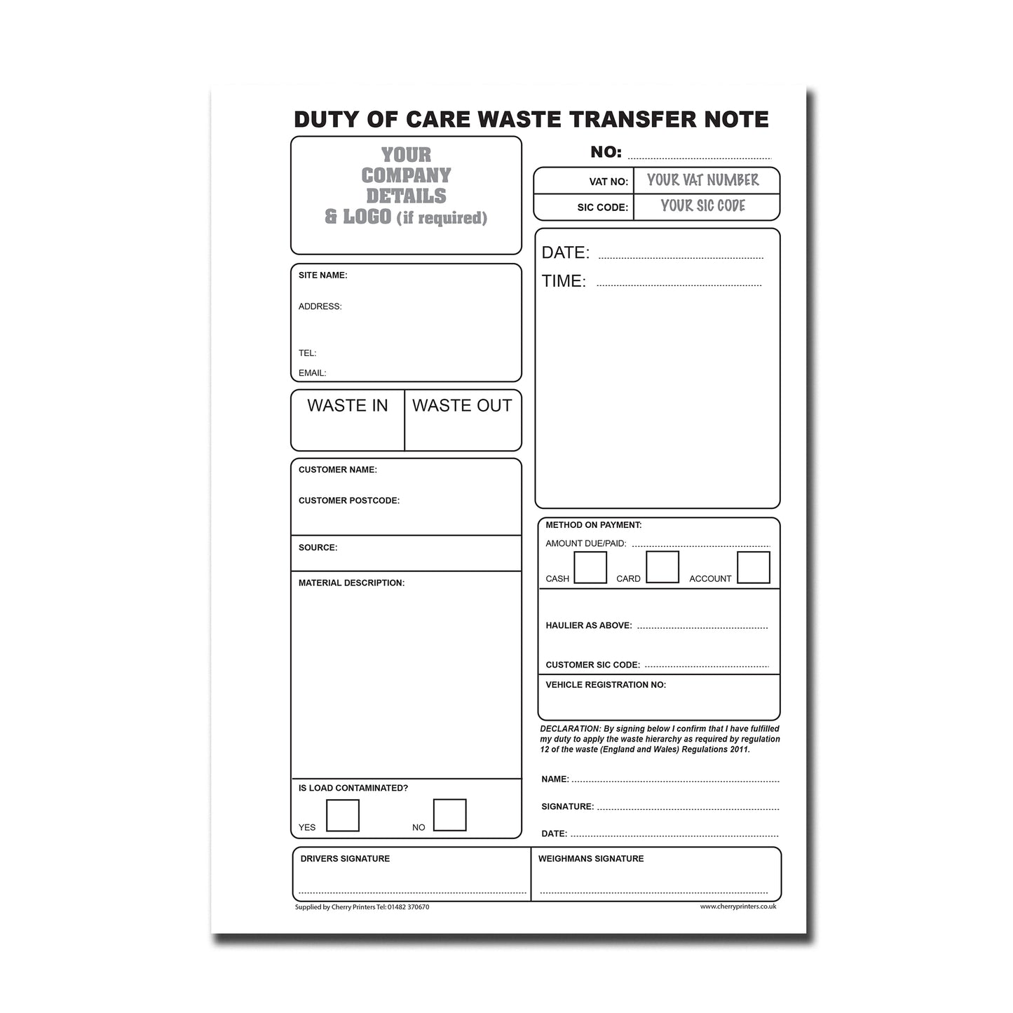 NCR *CUSTOM* Duty of Care Waste Transfer Note Duplicate Book A5 | 4 Book Pack