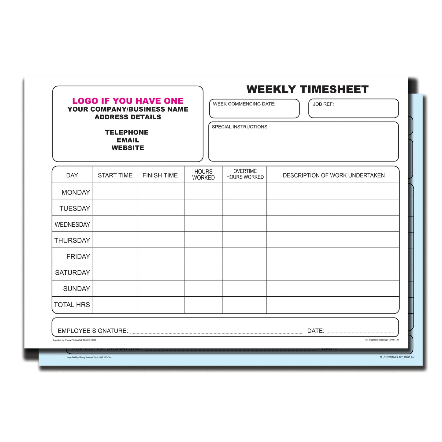 NCR *CUSTOM* Weekly Timesheet Duplicate Book A4 | 2 Book Pack