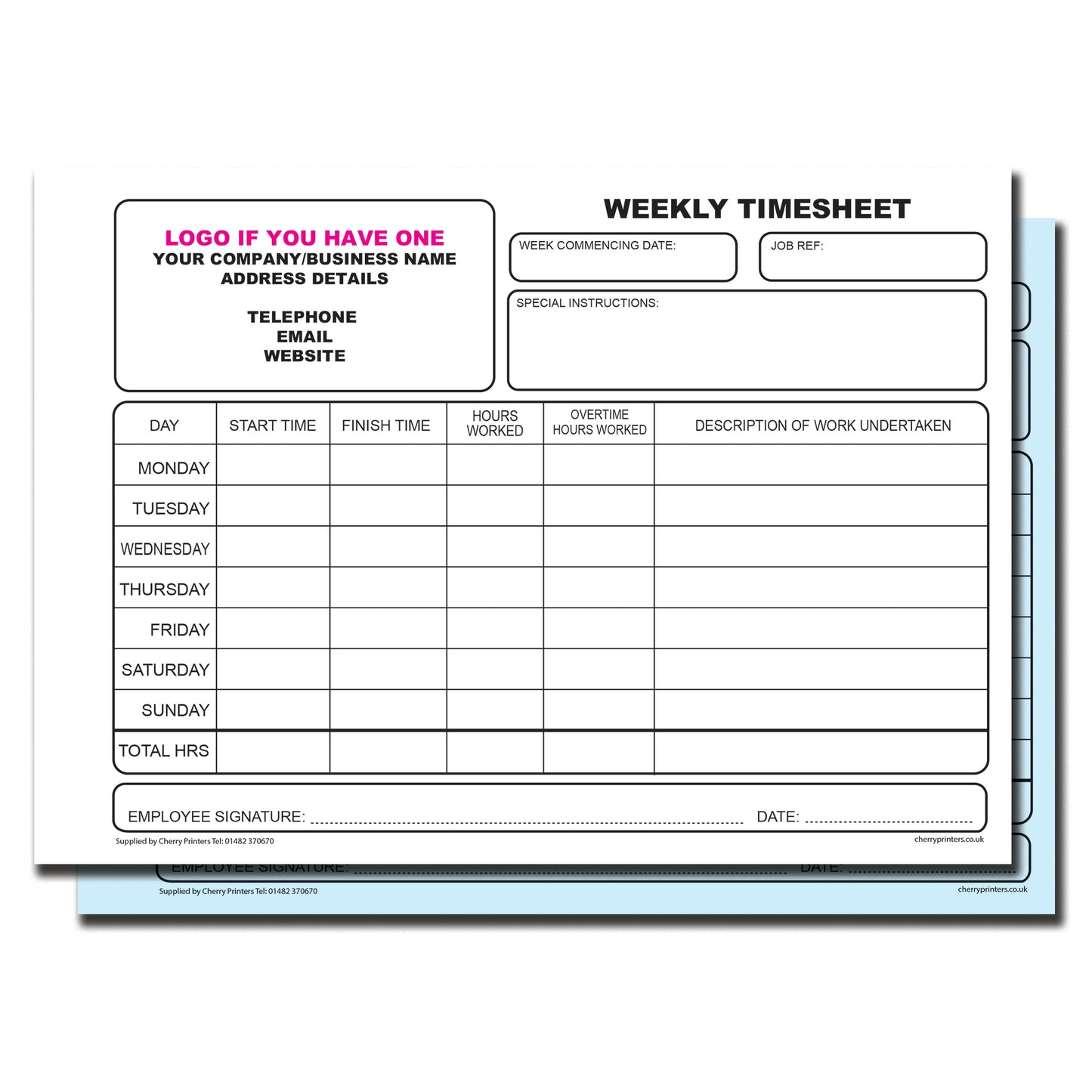 NCR *CUSTOM* WEEKLY Timesheet Duplicate Book A5 | 4 Book Pack