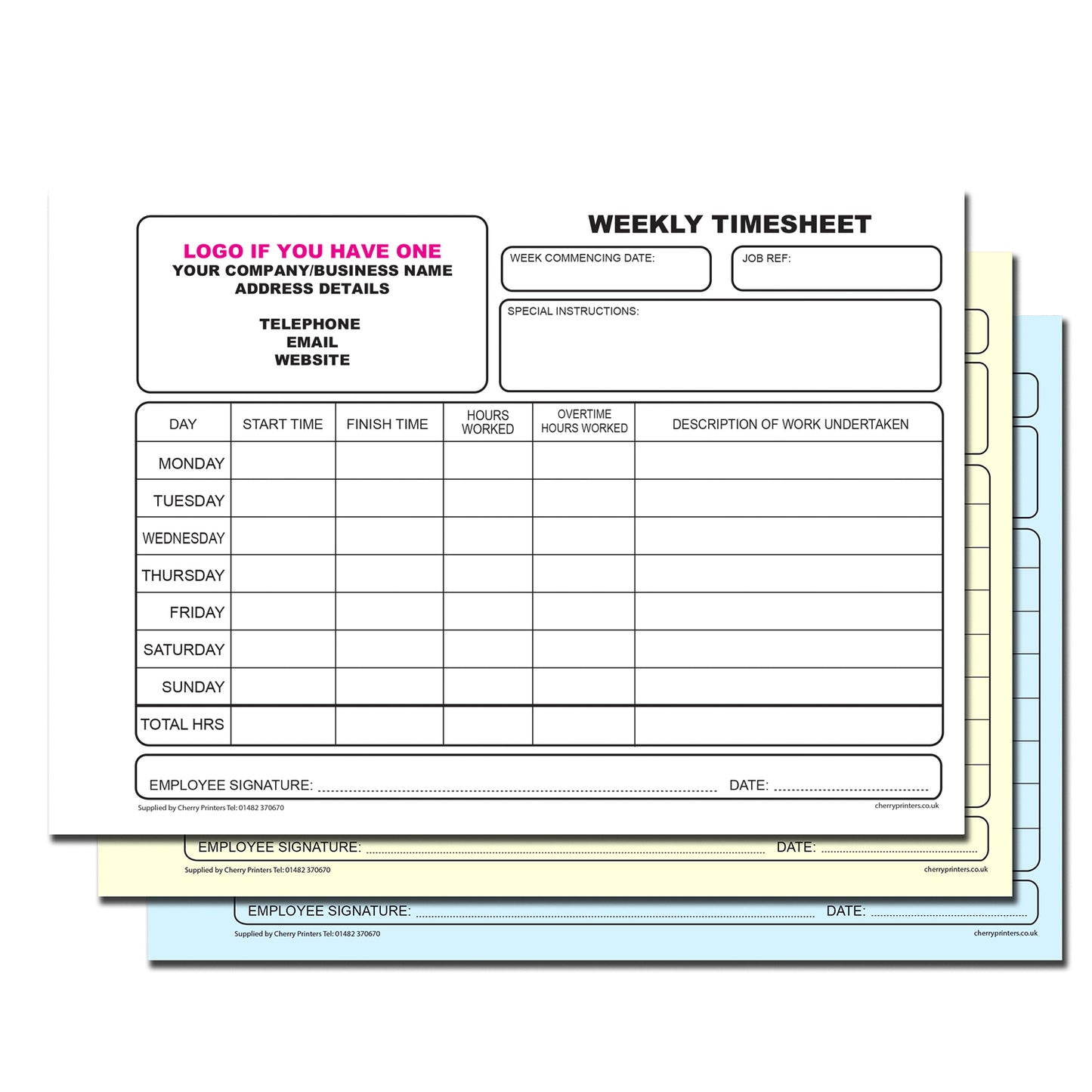 NCR *CUSTOM* Weekly Timesheet Triplicate Book A5 Packs