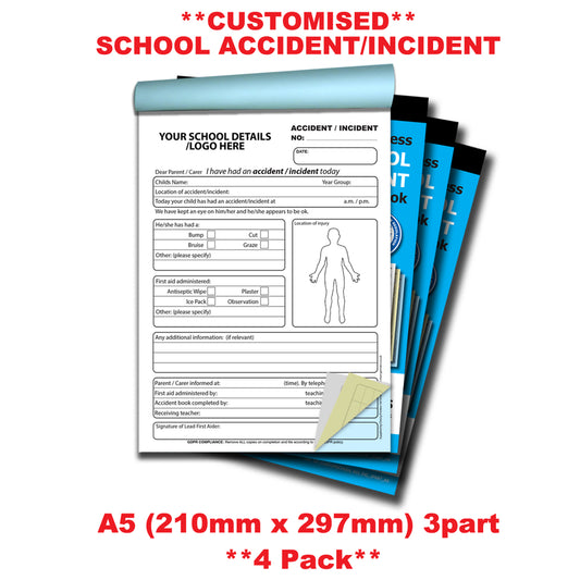 NCR *CUSTOM* School Accident/Incident Triplicate Book A5 4 Book Pack GDPR