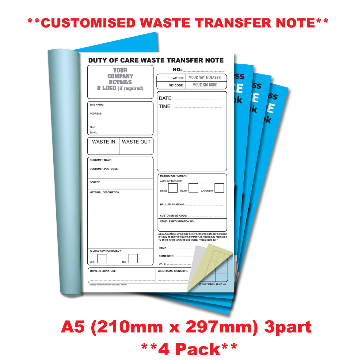 NCR *CUSTOM* Duty of Care Waste Transfer Note Triplicate Book A5 4 Book Pack