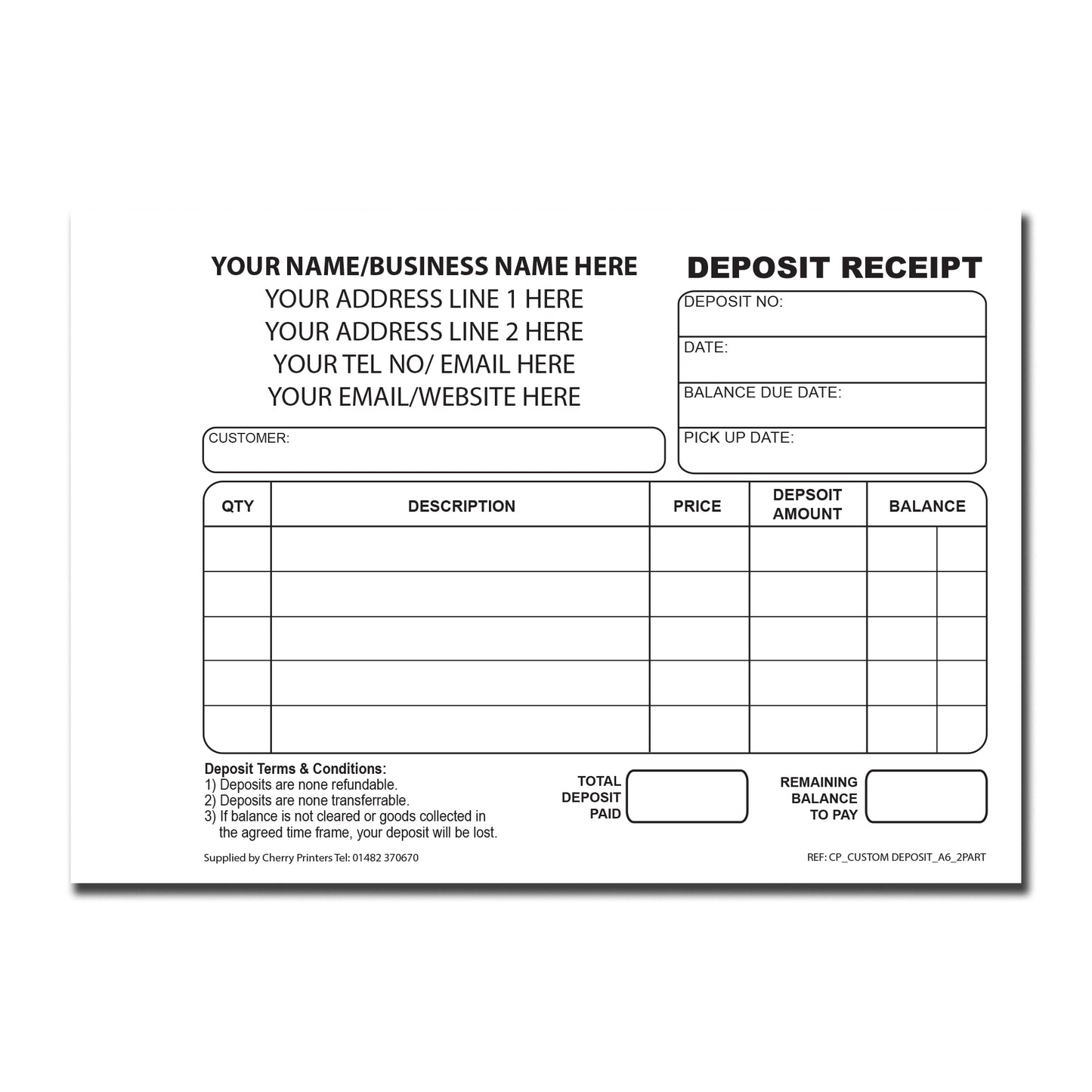 NCR *CUSTOM* Deposit Receipt Duplicate Book A6 | 8 Book Pack