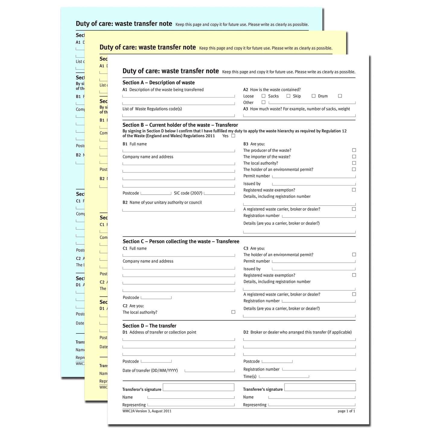 NCR Duty of Care Waste Transfer Pad A4 Triplicate