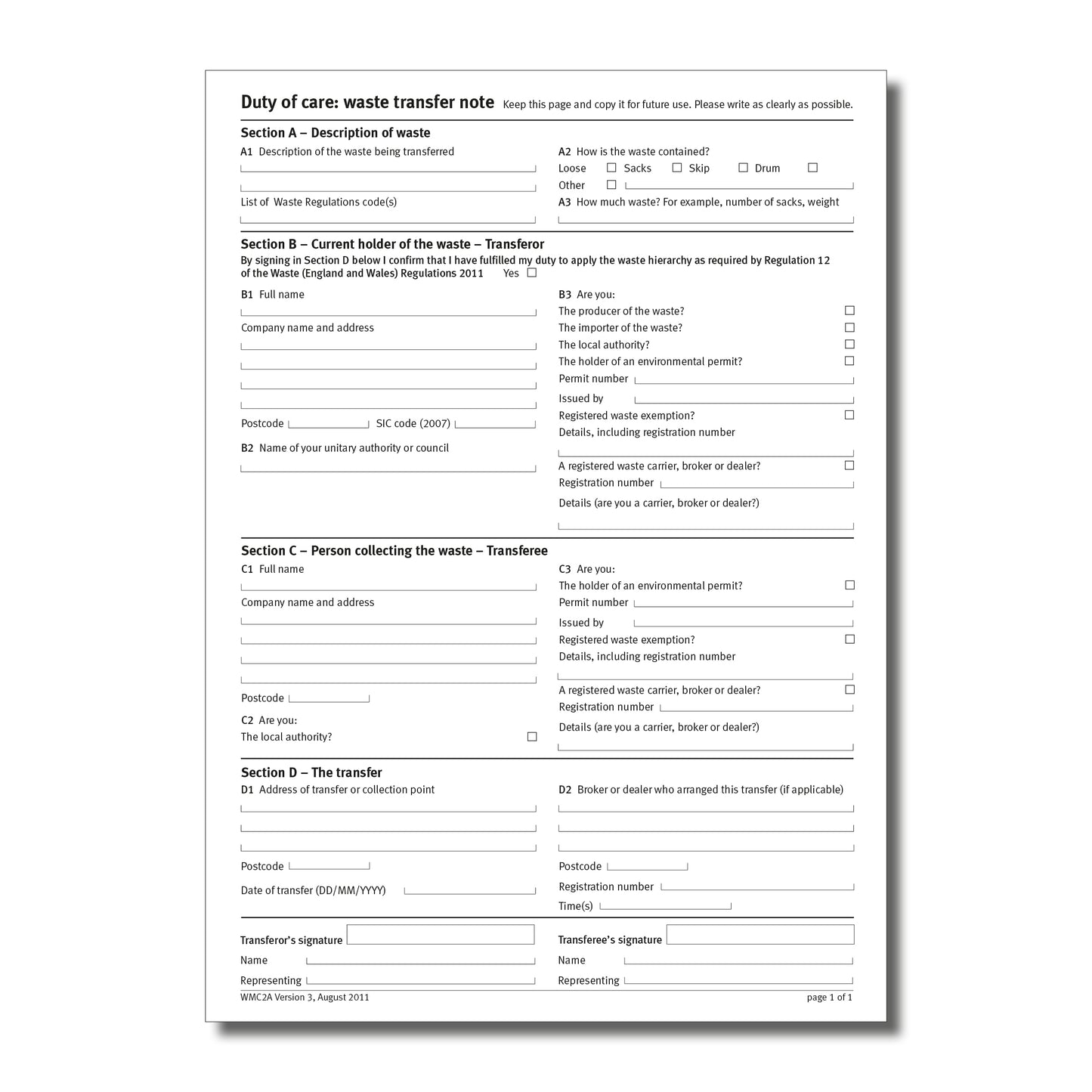 NCR Duty of Care Waste Transfer Pad A4 Duplicate