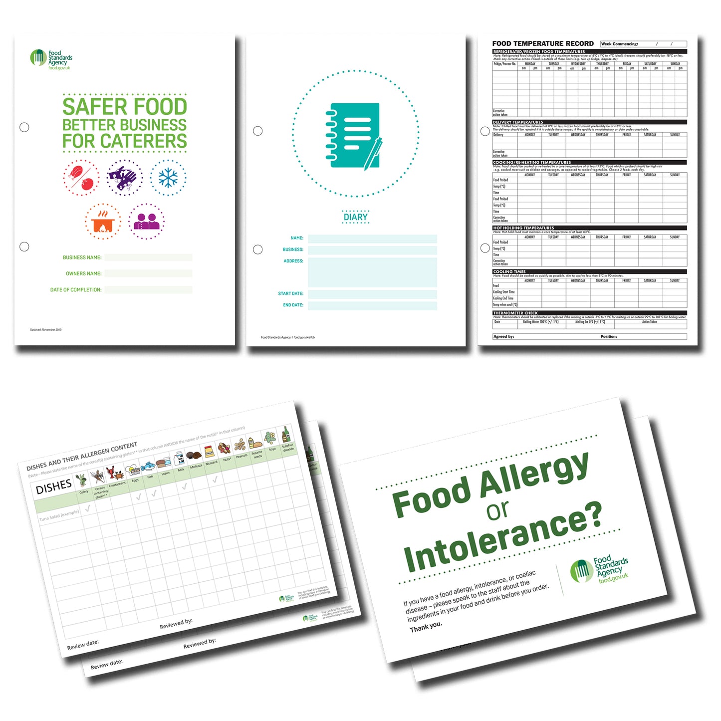 Safer Food Better Business For Caterers BINDER with Caterers Info Pack | 52 week Diary | 52 week Food Temperature Record | Allergy Posters | Allergen chart