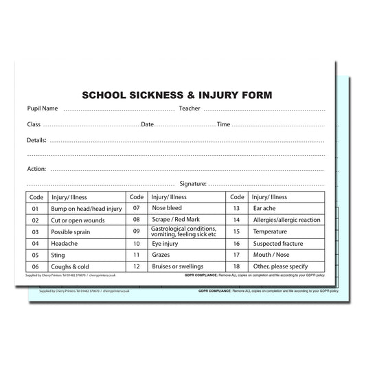 NCR School Sickness & Injury Duplicate Book A5 50 sets GDPR