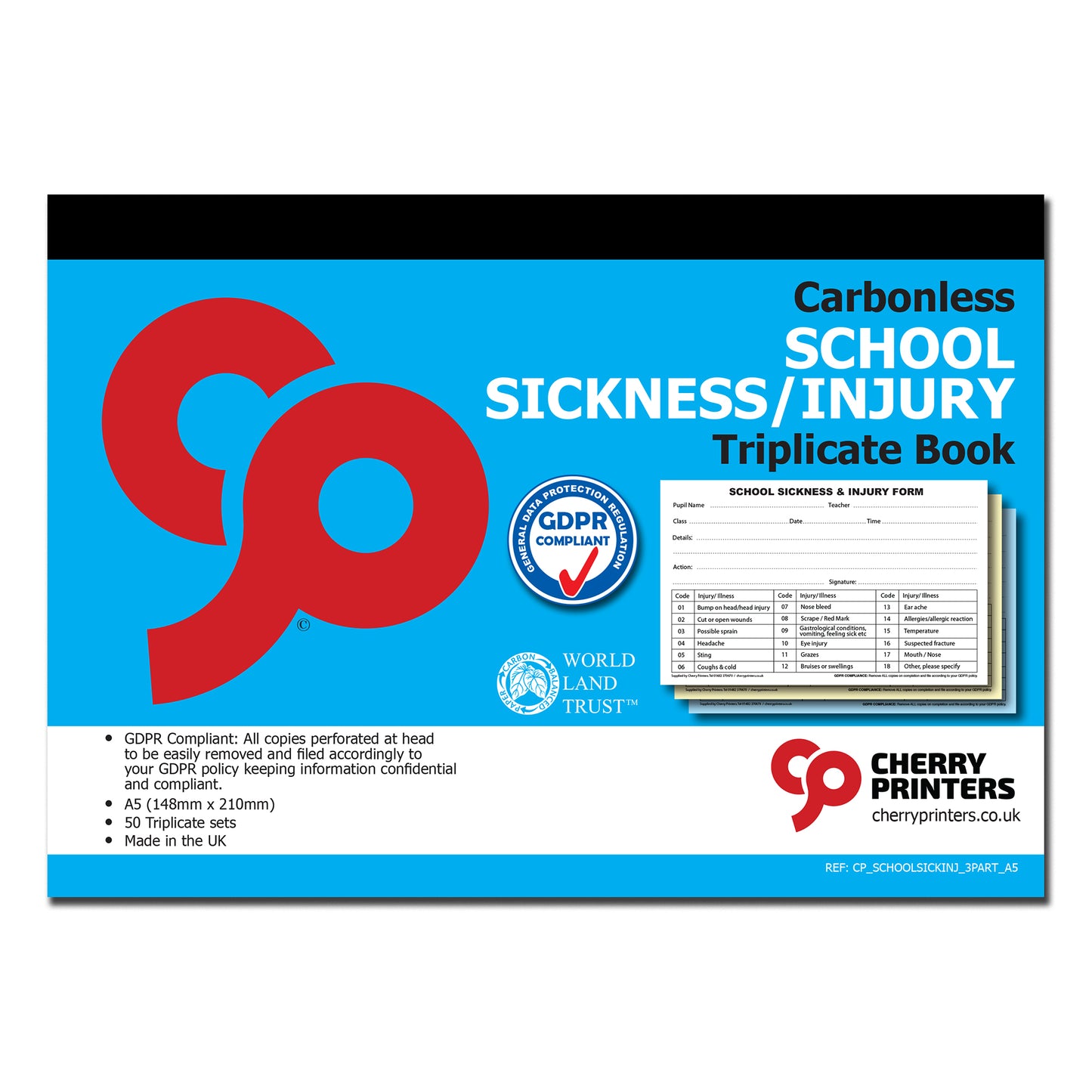 NCR School Sickness & Injury Triplicate Book A5 50 sets GDPR