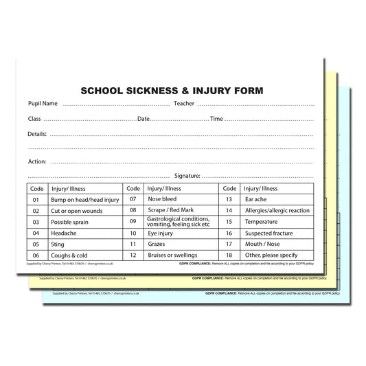 NCR School Sickness & Injury Triplicate Book A5 50 sets GDPR
