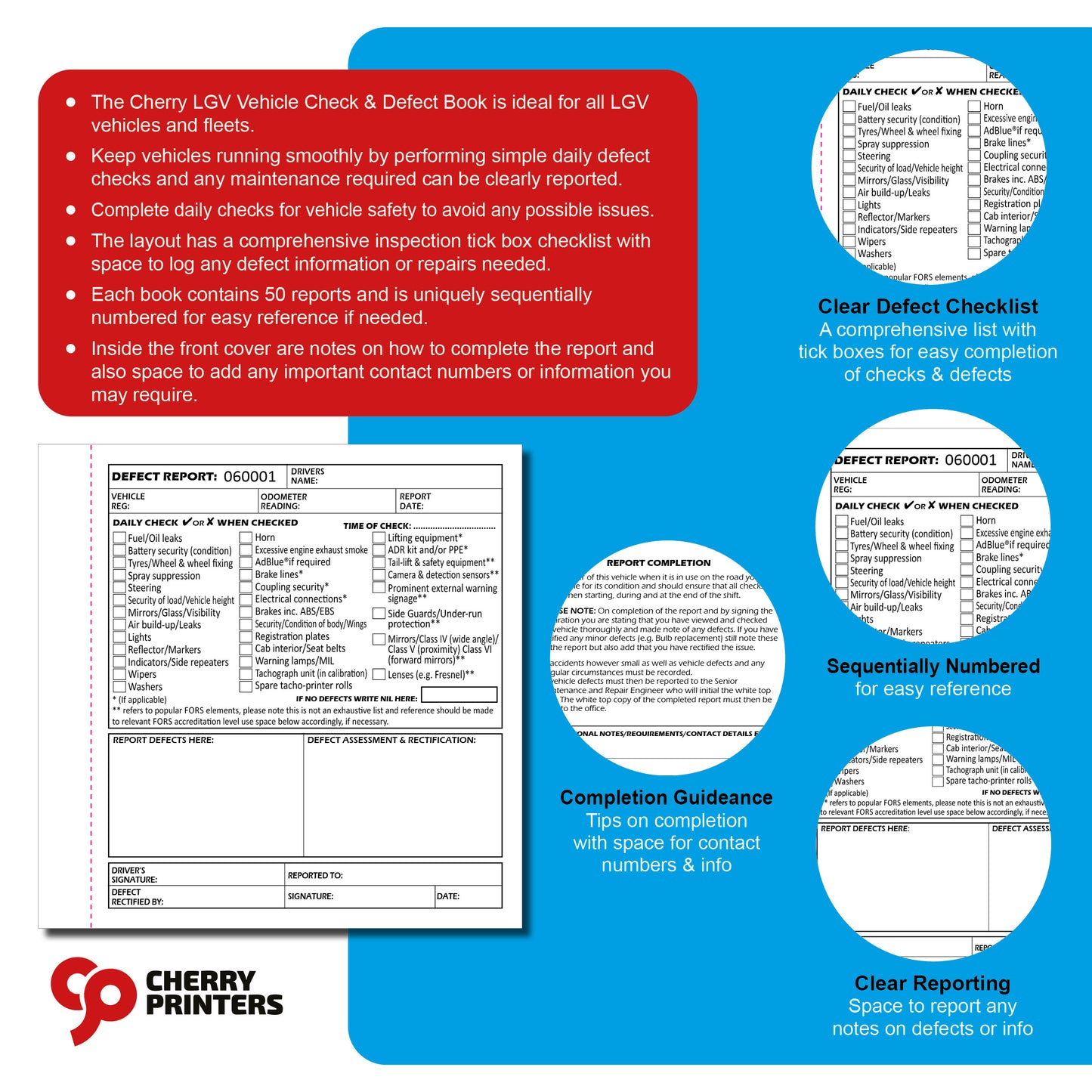 LGV Vehicle Check Book | Vehicle Defect Report Pad | Daily Inspection Checklist Log Book | Carbonless NCR Duplicate | Fleet Driver Safety Maintenance Record | 50 Sets | 148mm x 148mm
