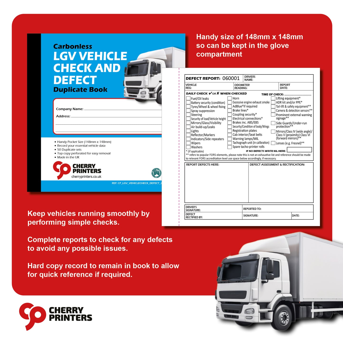 LGV Vehicle Check Book | Vehicle Defect Report Pad | Daily Inspection Checklist Log Book | Carbonless NCR Duplicate | Fleet Driver Safety Maintenance Record | 50 Sets | 148mm x 148mm