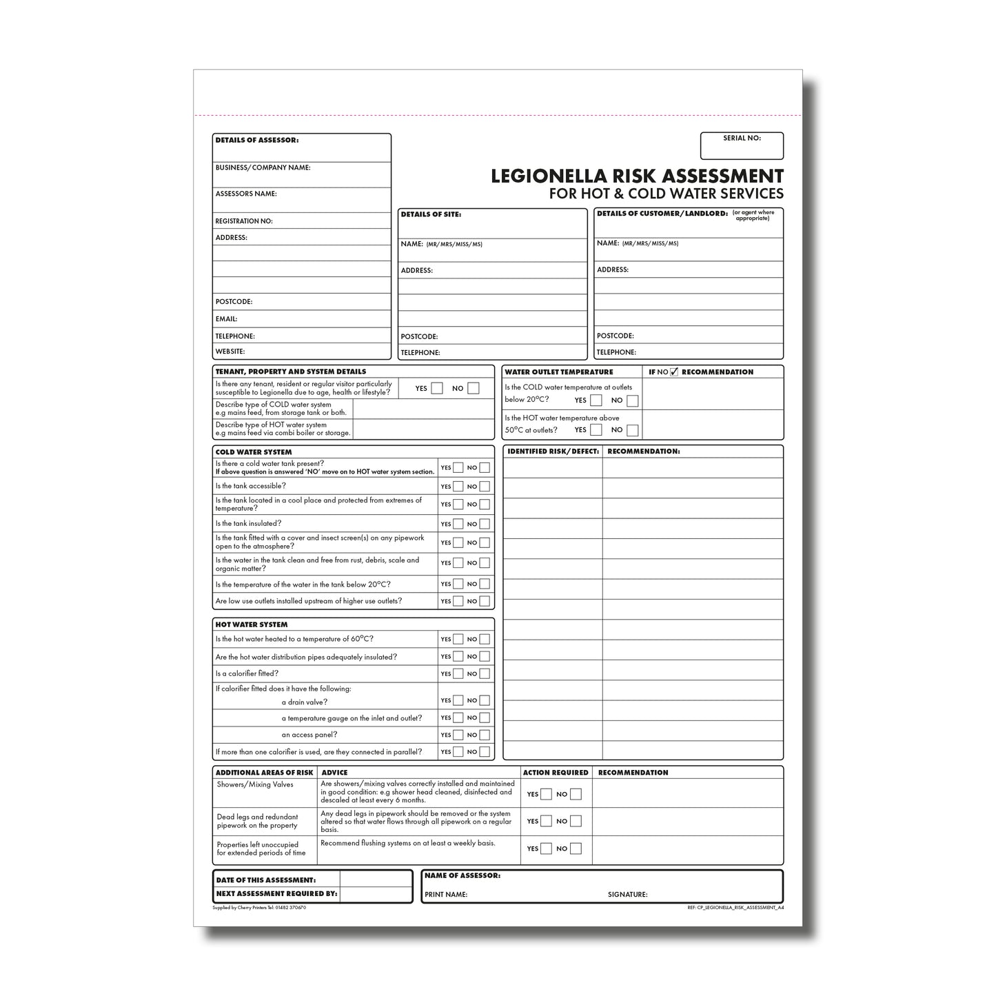 NCR Legionella Risk Assessment Duplicate Book A4 - ACoP L8 Compliant