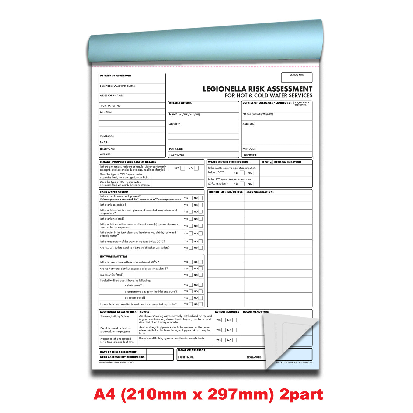 NCR Legionella Risk Assessment Duplicate Book A4 - ACoP L8 Compliant