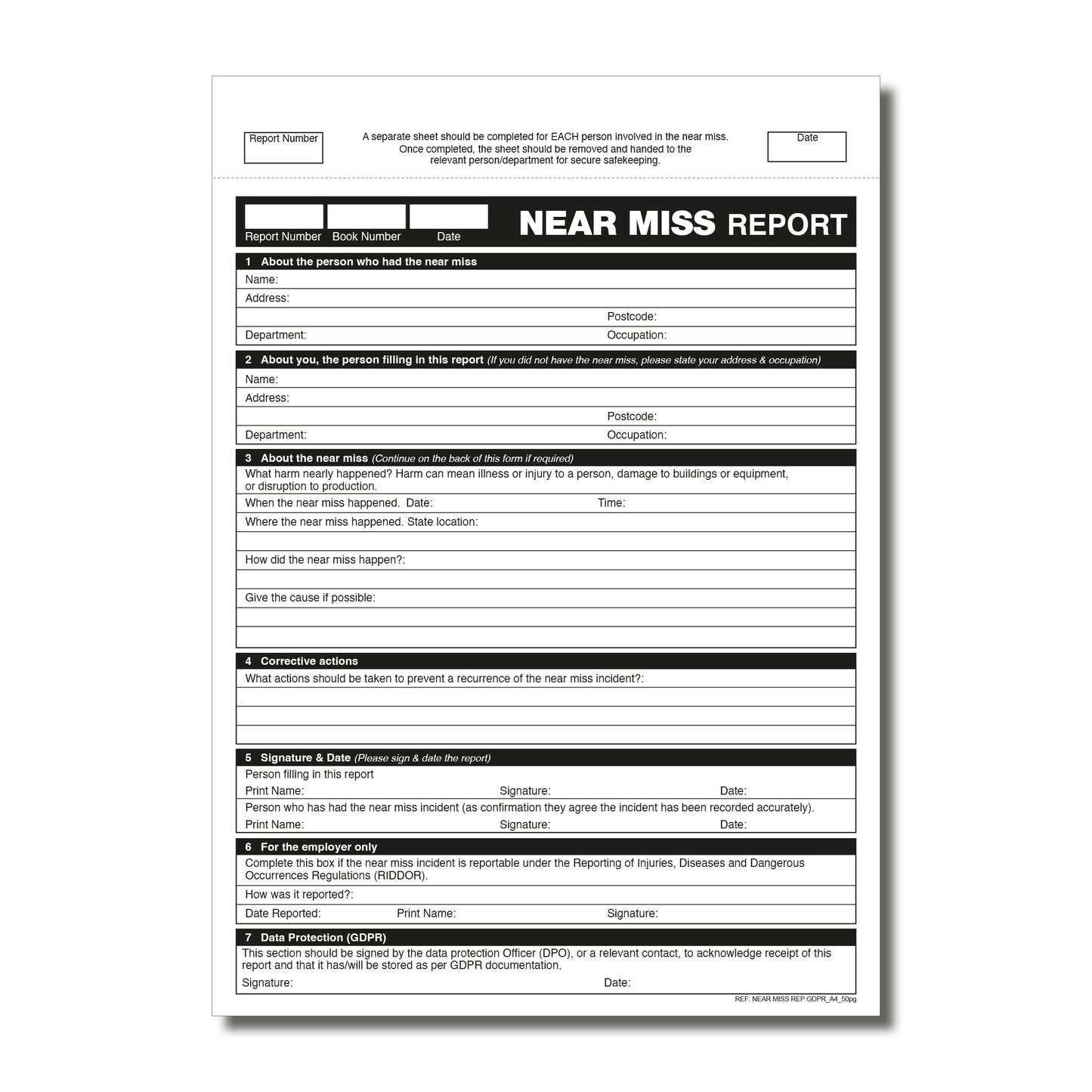 GDPR Near Miss Report Book A4 50 pages - RIDDOR & HSE Compliant