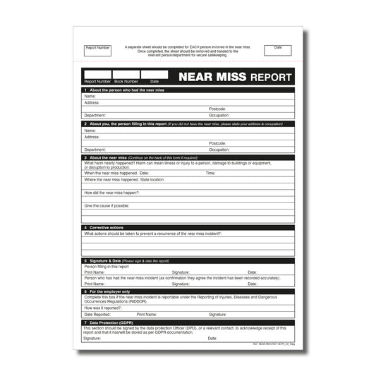 GDPR Near Miss Report Book A4 50 pages - RIDDOR & HSE Compliant