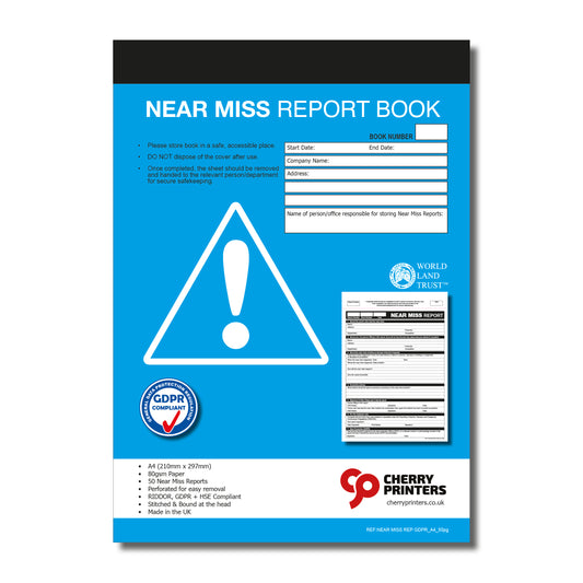 GDPR Near Miss Report Book A4 50 pages - RIDDOR & HSE Compliant