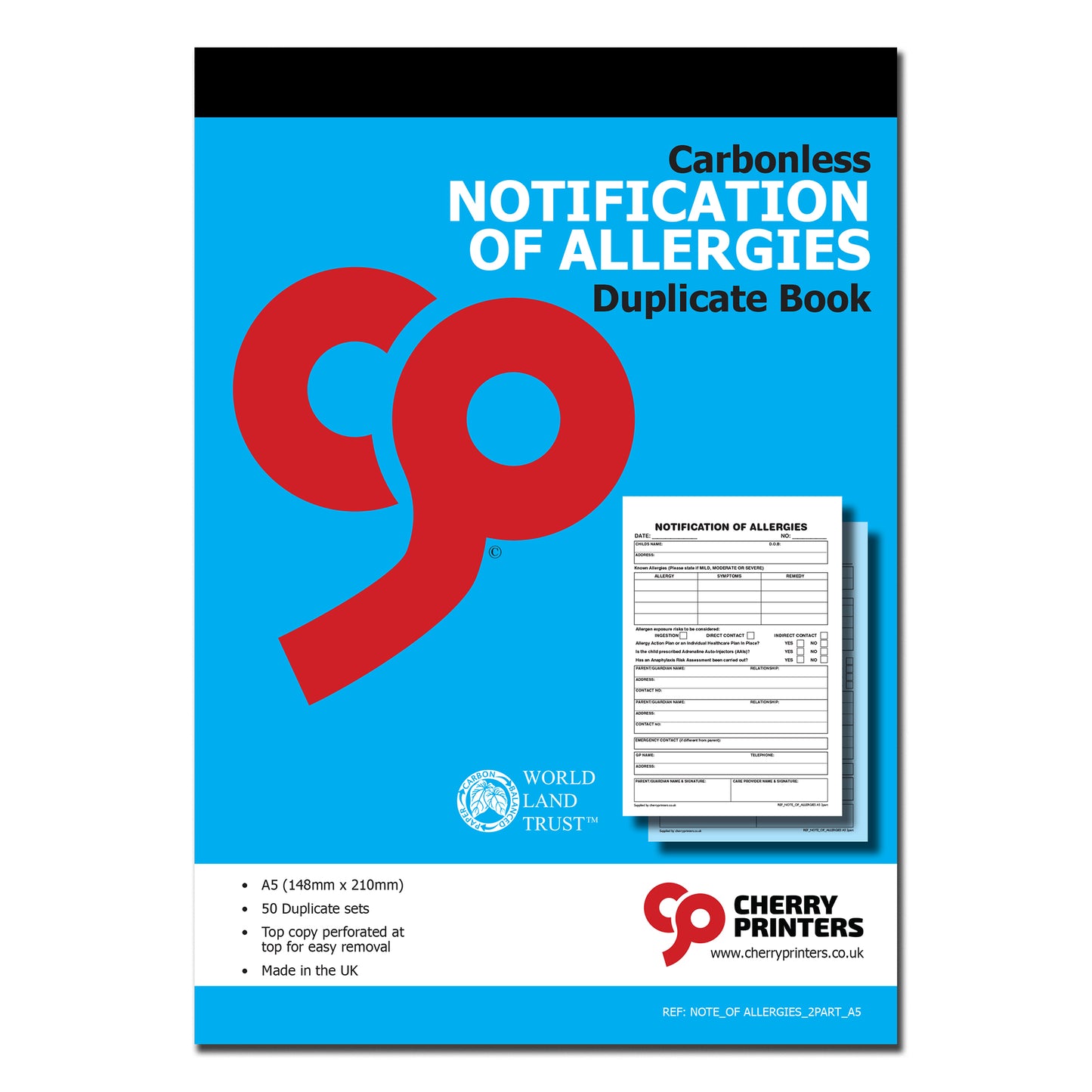 NCR Notification of Allergies A5 Duplicate | Allergy Record for Schools & Childcare