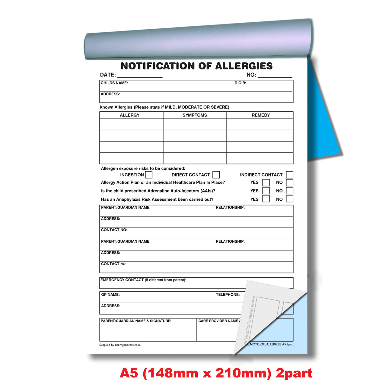 NCR Notification of Allergies A5 Duplicate | Allergy Record for Schools & Childcare