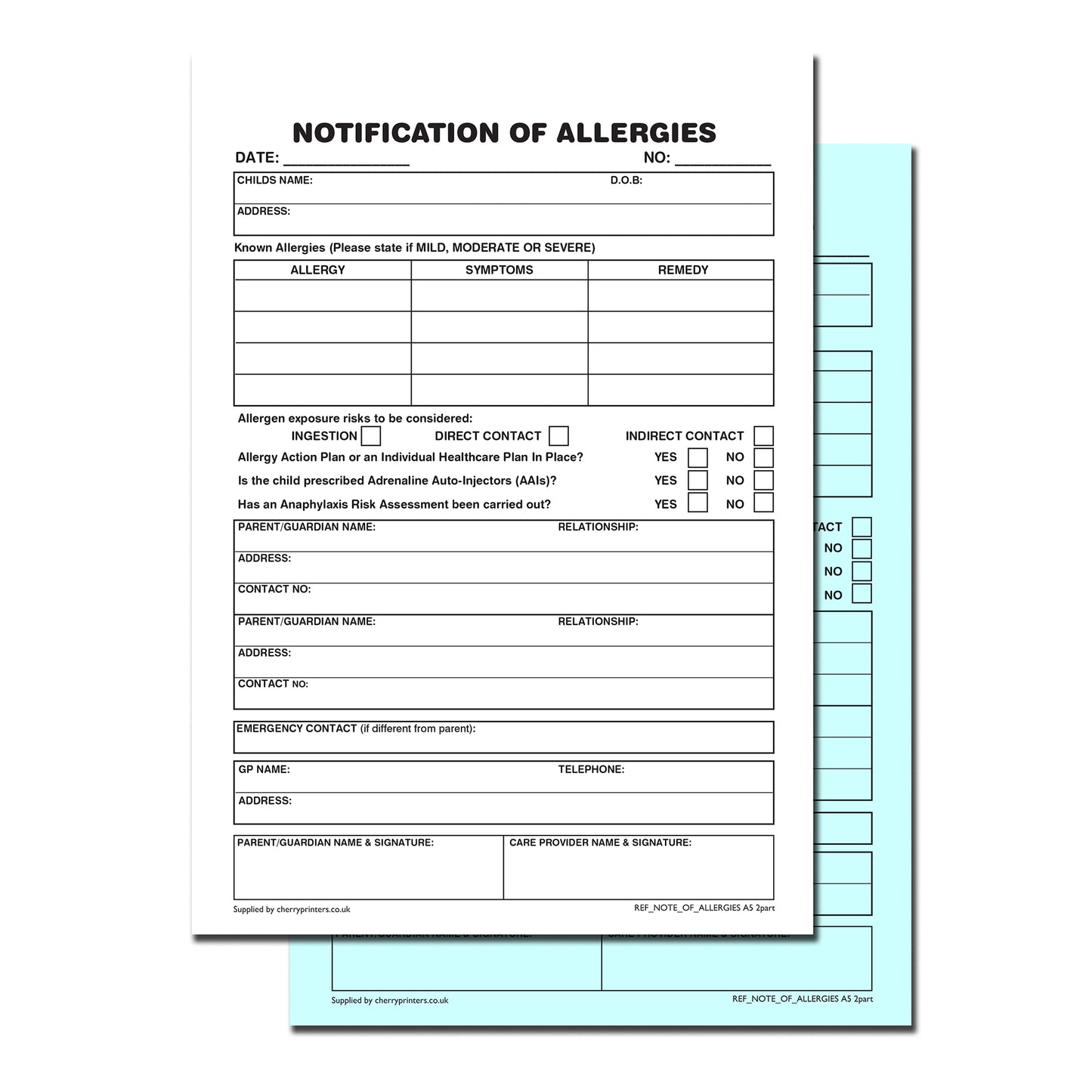 NCR Notification of Allergies A5 Duplicate | Allergy Record for Schools & Childcare