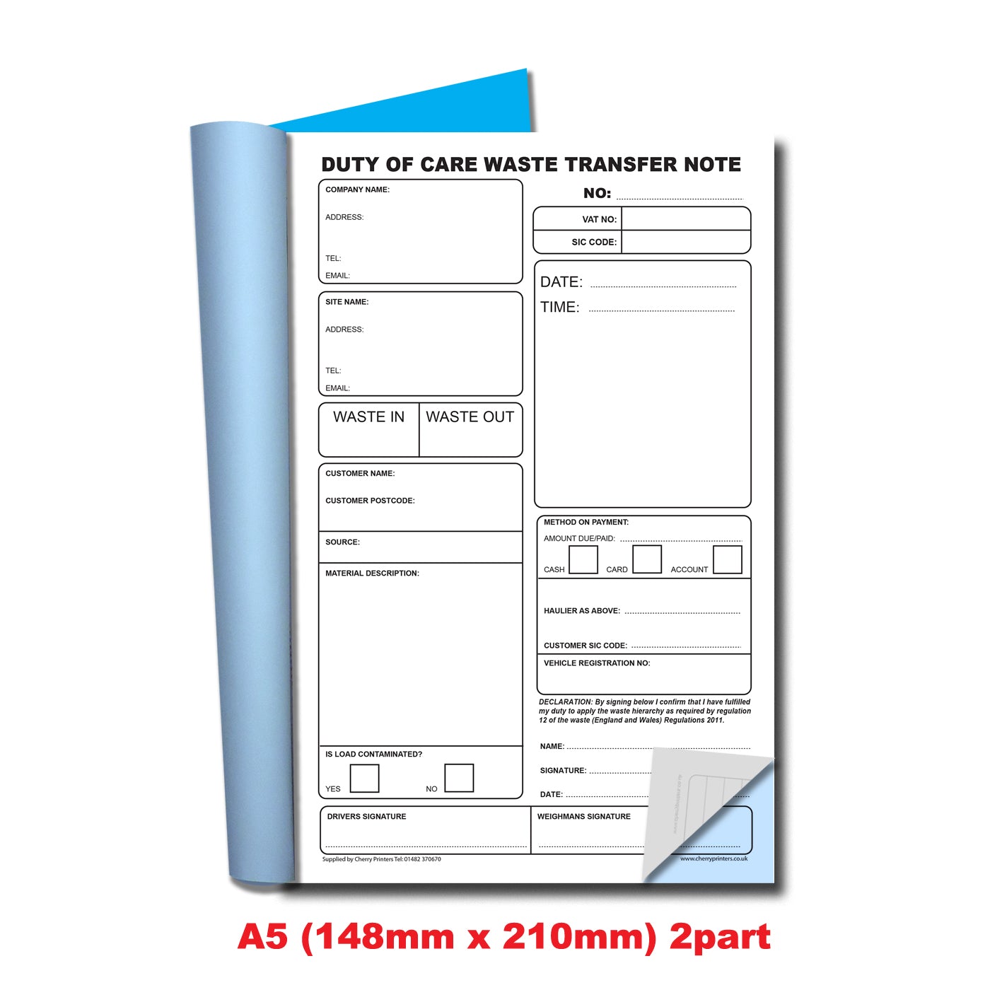 NCR Waste Transfer Book A5 Duplicate