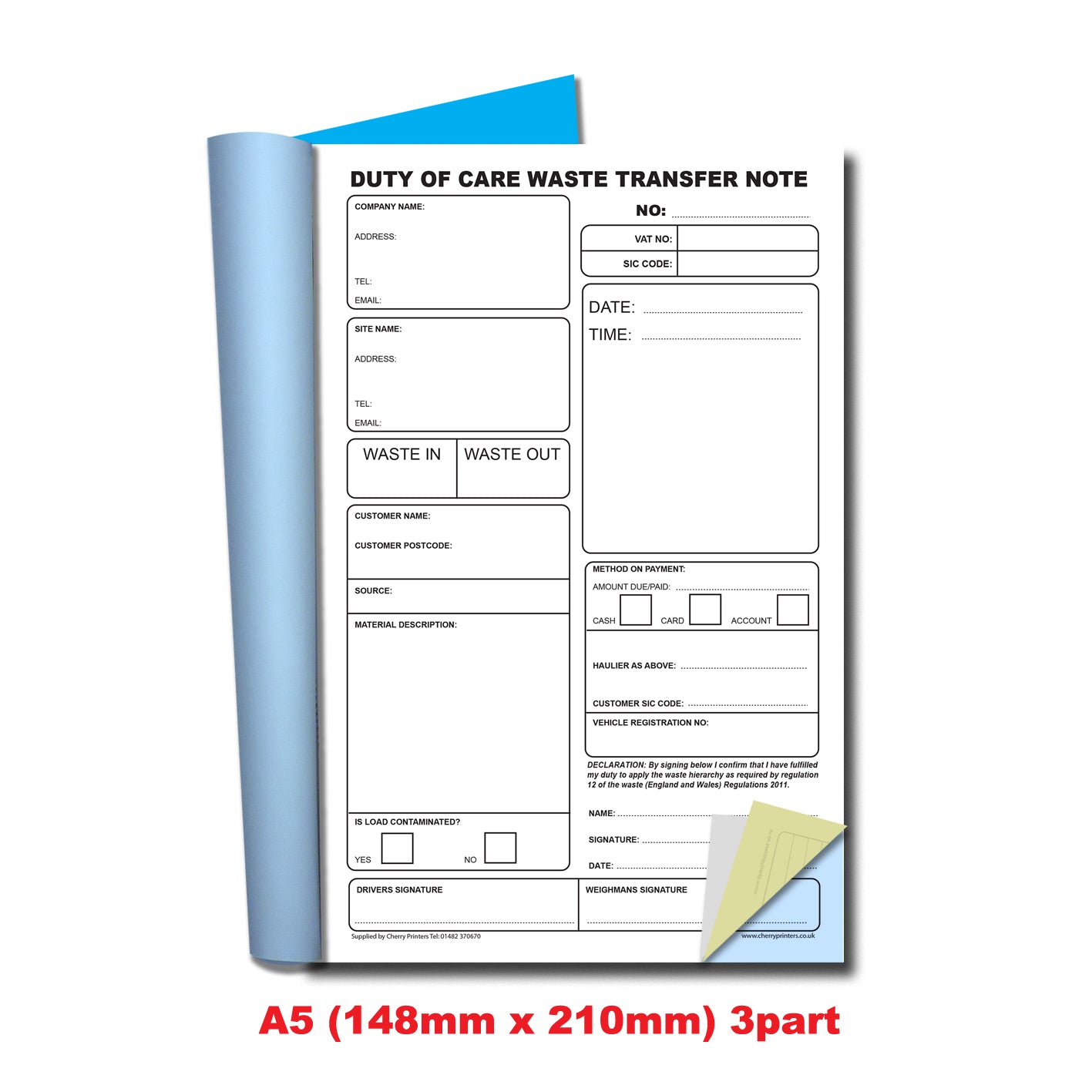 NCR Waste Transfer Book A5 Triplicate