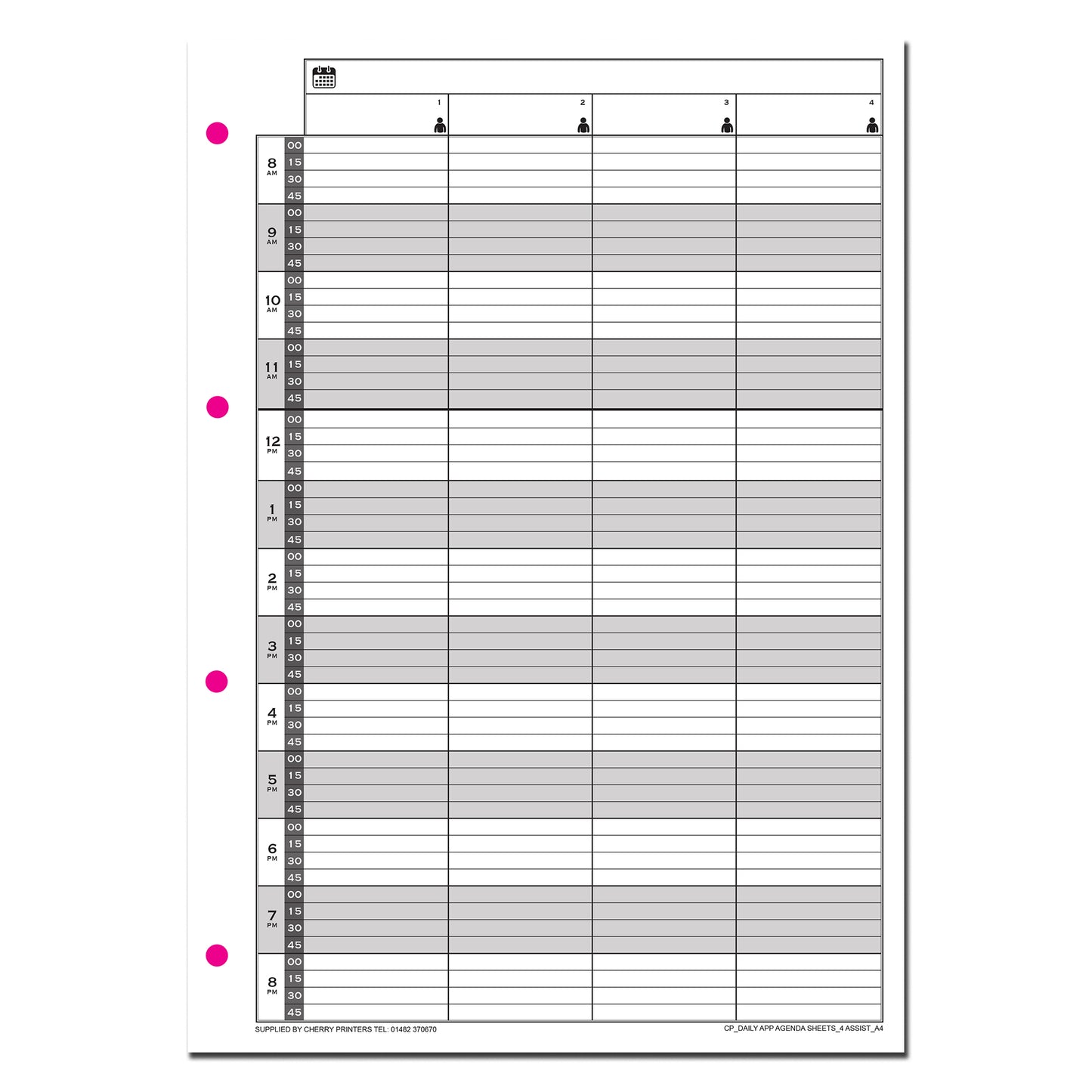 Daily Appointment Agenda Sheets | Undated | A4 |100 sheets | 200 page | 160gsm | 4 or 6 Columns