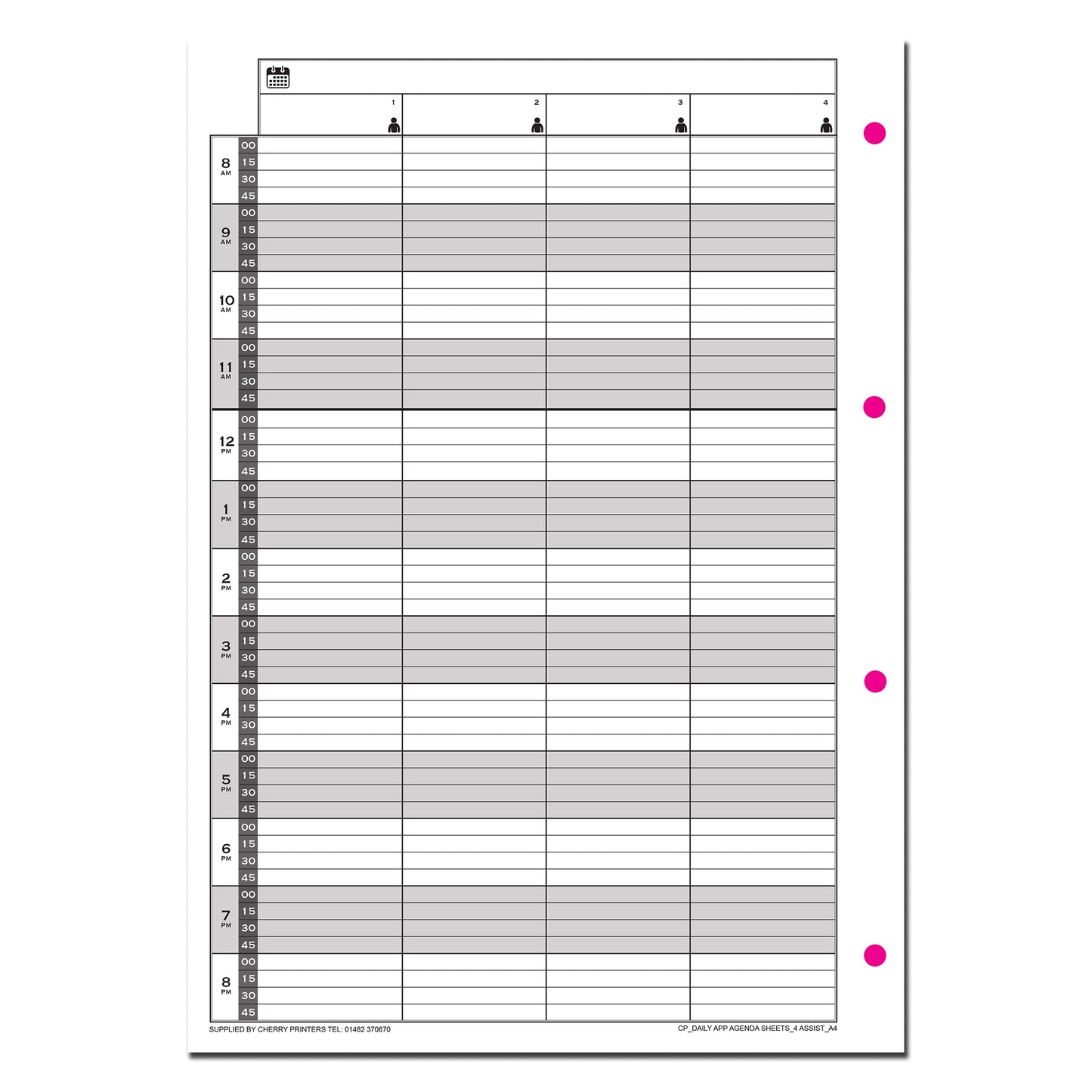 Daily Appointment Agenda Sheets | Undated | A4 |100 sheets | 200 page | 160gsm | 4 or 6 Columns