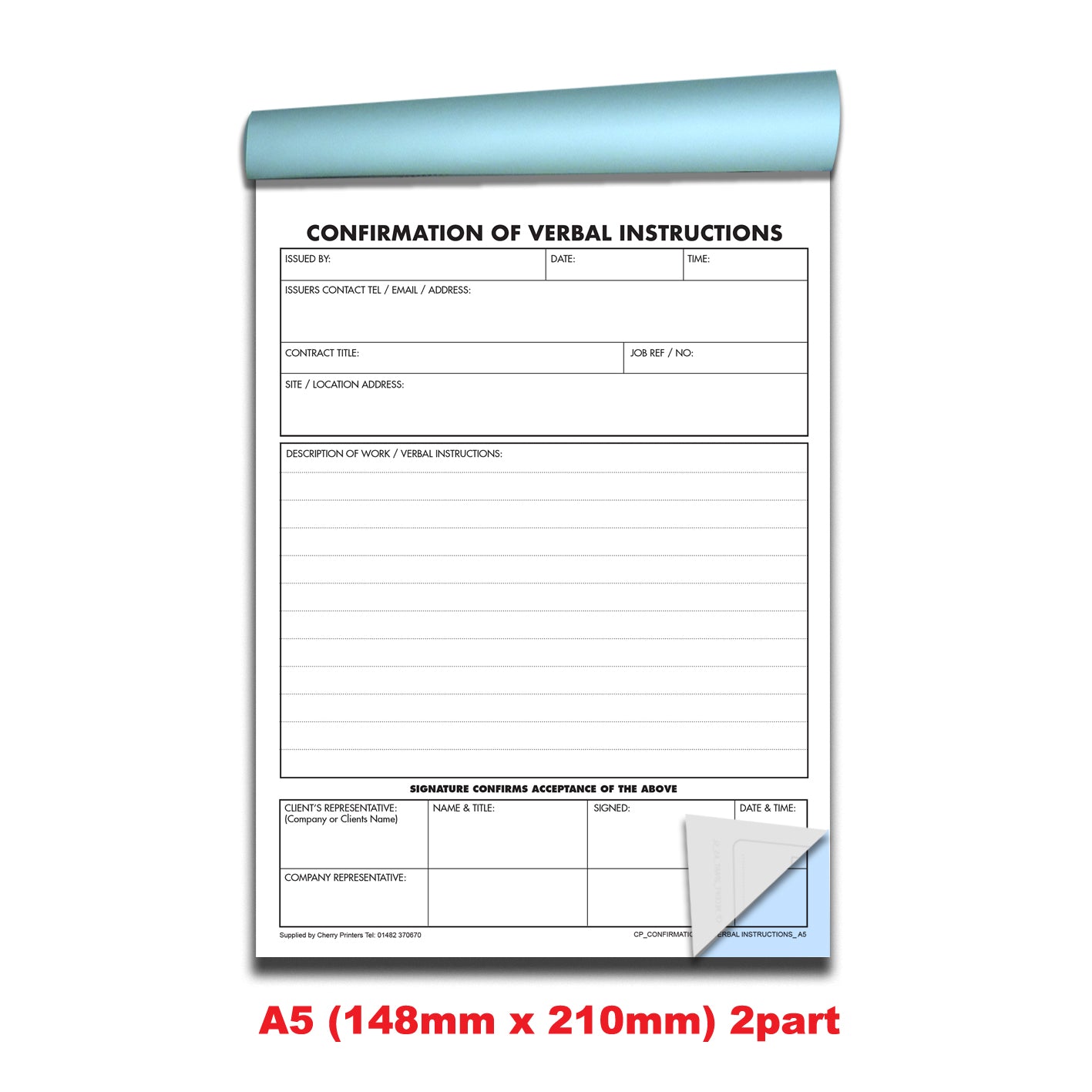 NCR Confirmation of Verbal Instruction Book A5 Duplicate