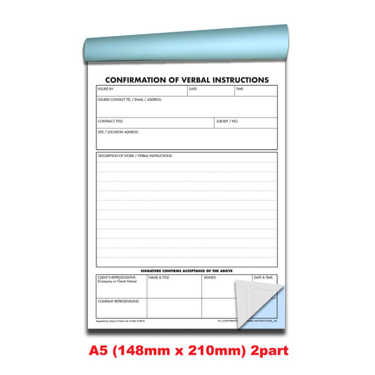 NCR Confirmation of Verbal Instruction Book A5 Duplicate